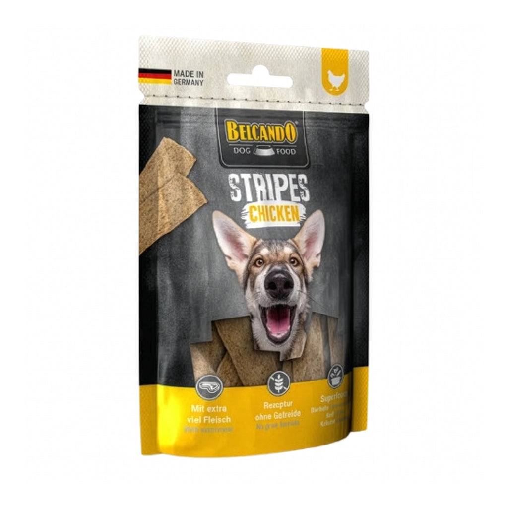 Belcando Snacks Stripes Pollo en bolsa con tiras de premio para perros, receta sin granos y extra carne de pollo.
