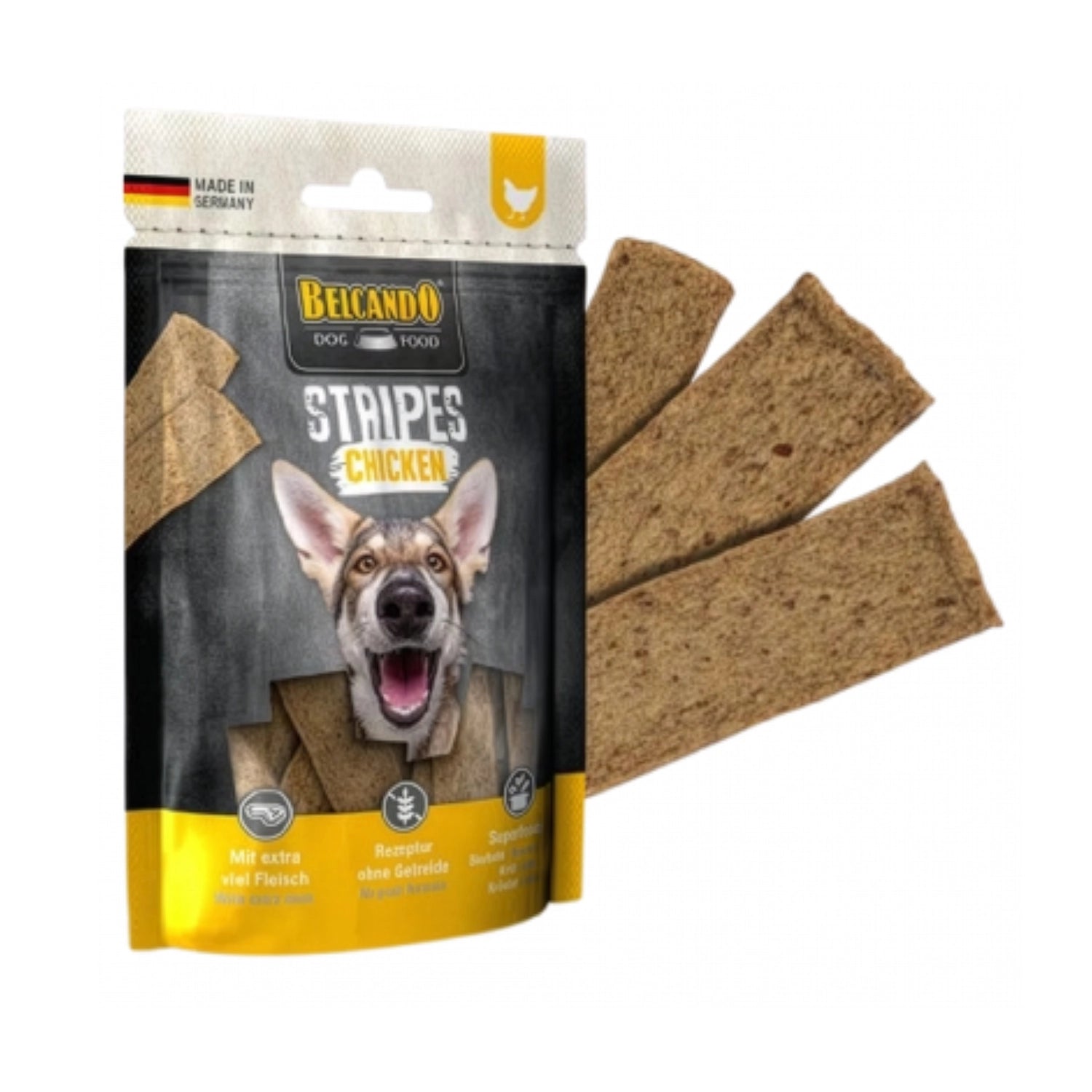 Belcando Snacks Stripes Pollo en bolsa con tiras de premio para perros, receta sin granos y extra carne de pollo.