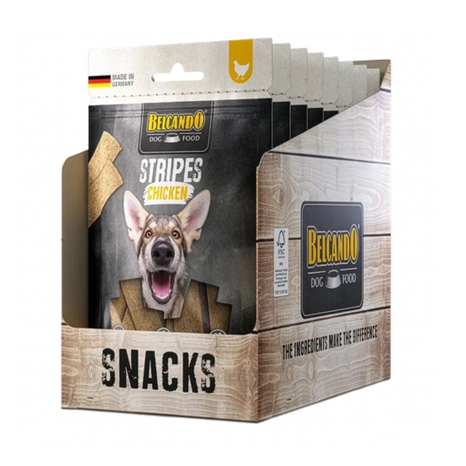 Belcando Snacks Stripes Pollo en bolsa con tiras de premio para perros, receta sin granos y extra carne de pollo.