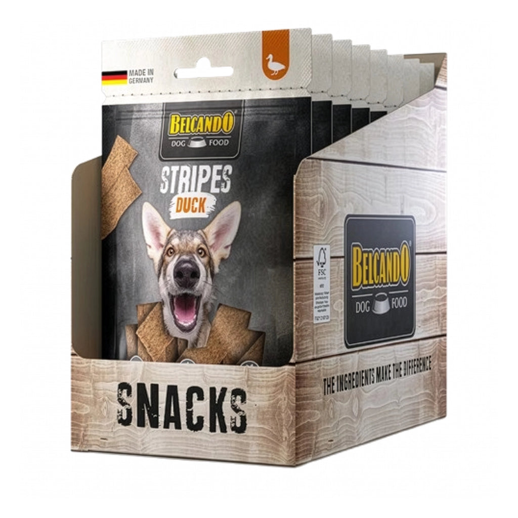 Belcando Snacks Stripes Pato en bolsa con tiras de premio para perros, receta sin granos y extra carne de pato.