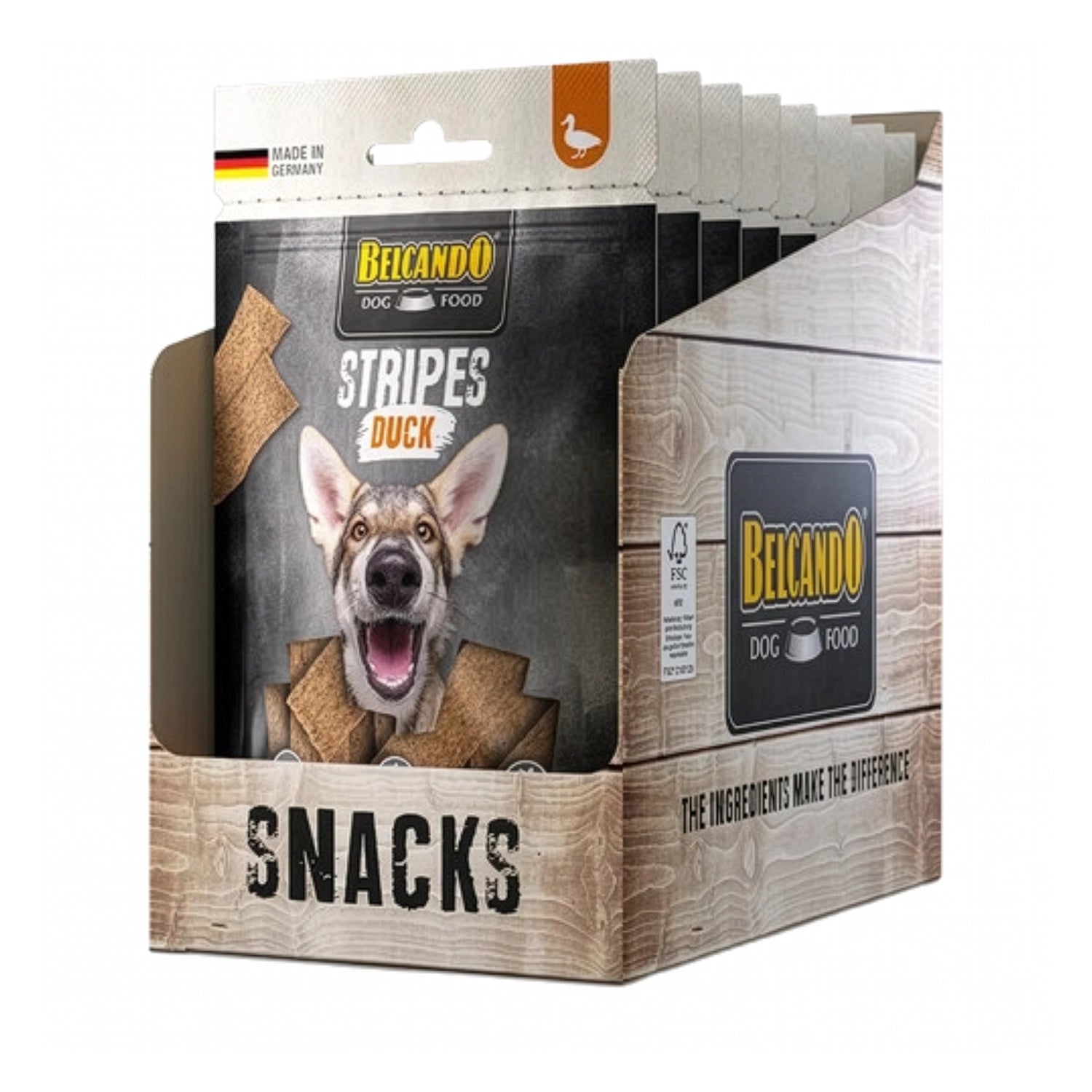 Belcando Snacks Stripes Pato en bolsa con tiras de premio para perros, receta sin granos y extra carne de pato.