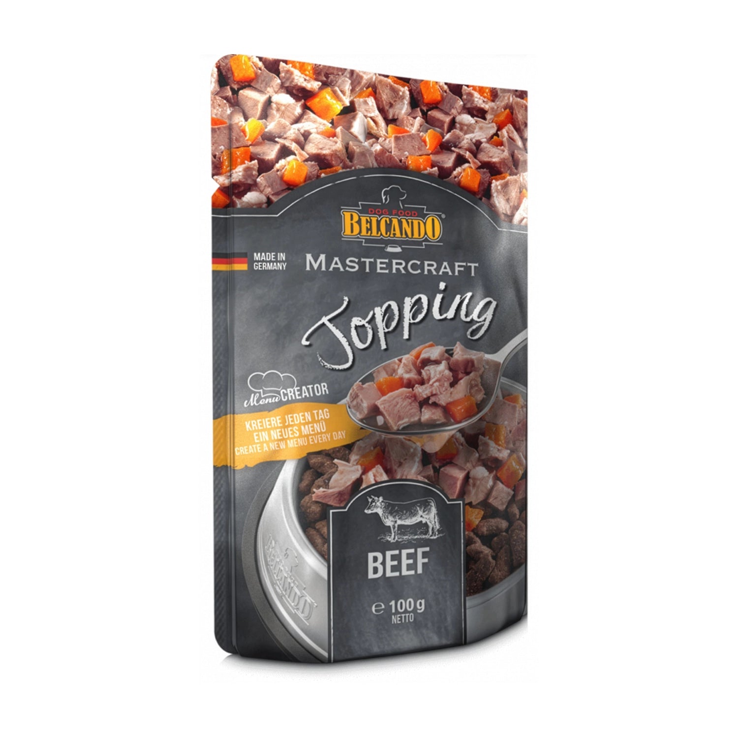 Belcando Topping Pouch de Ternera con trozos de carne y zanahoria, complemento húmedo premium para perros.