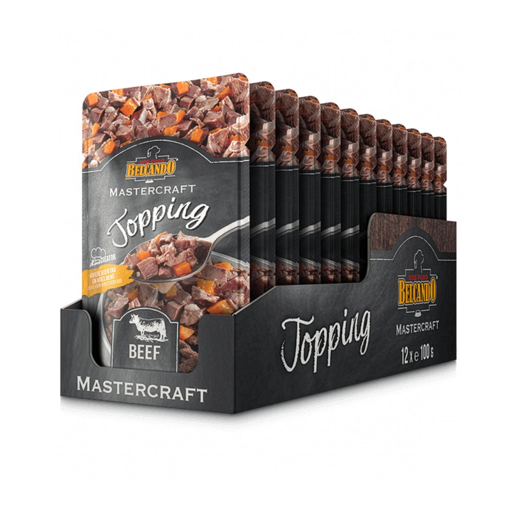 Belcando Topping Pouch de Ternera con trozos de carne y zanahoria, complemento húmedo premium para perros.
