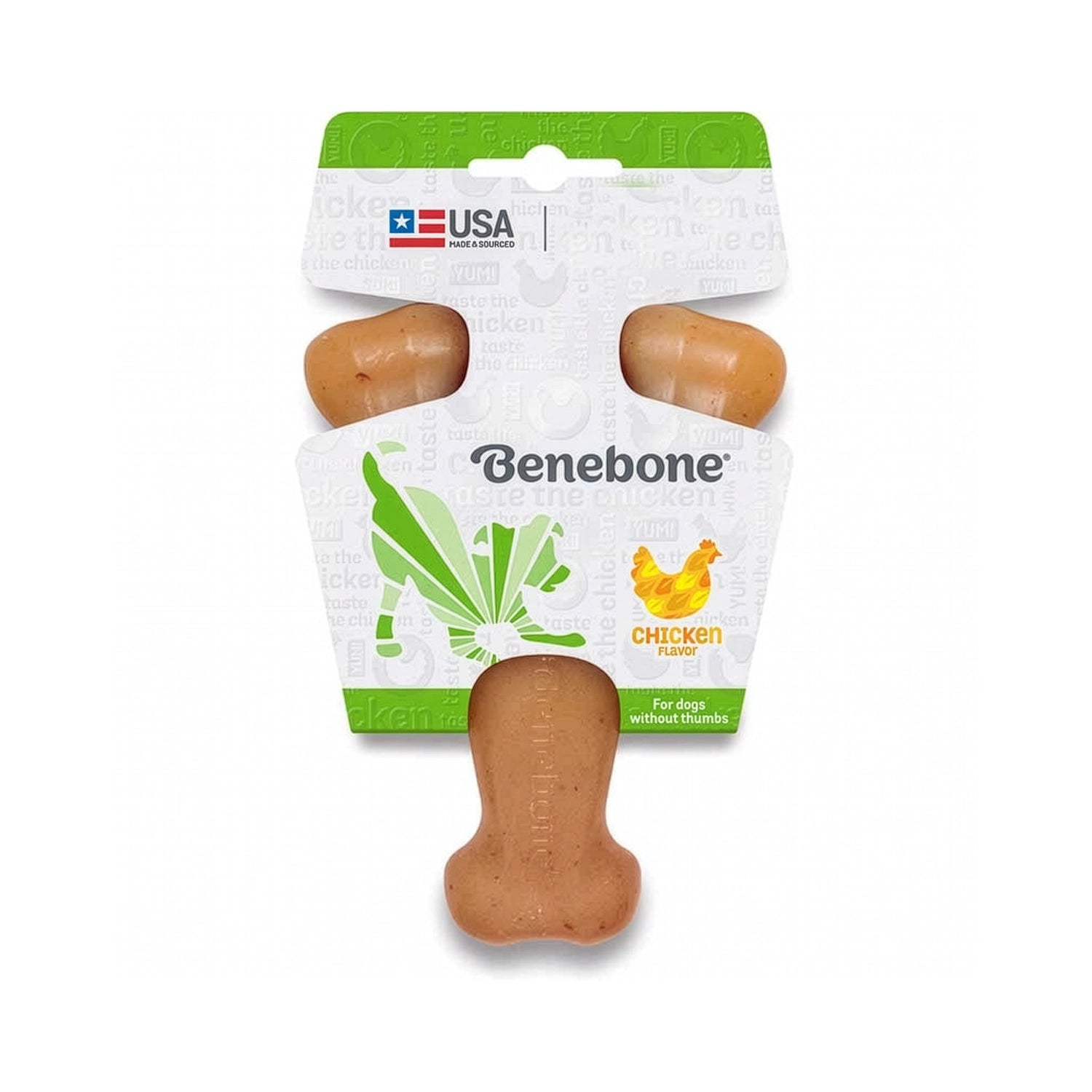 Benebone Wishbone Pollo con forma de hueso en Y, juguete masticable con sabor a pollo para perros, presentado en su empaque original.