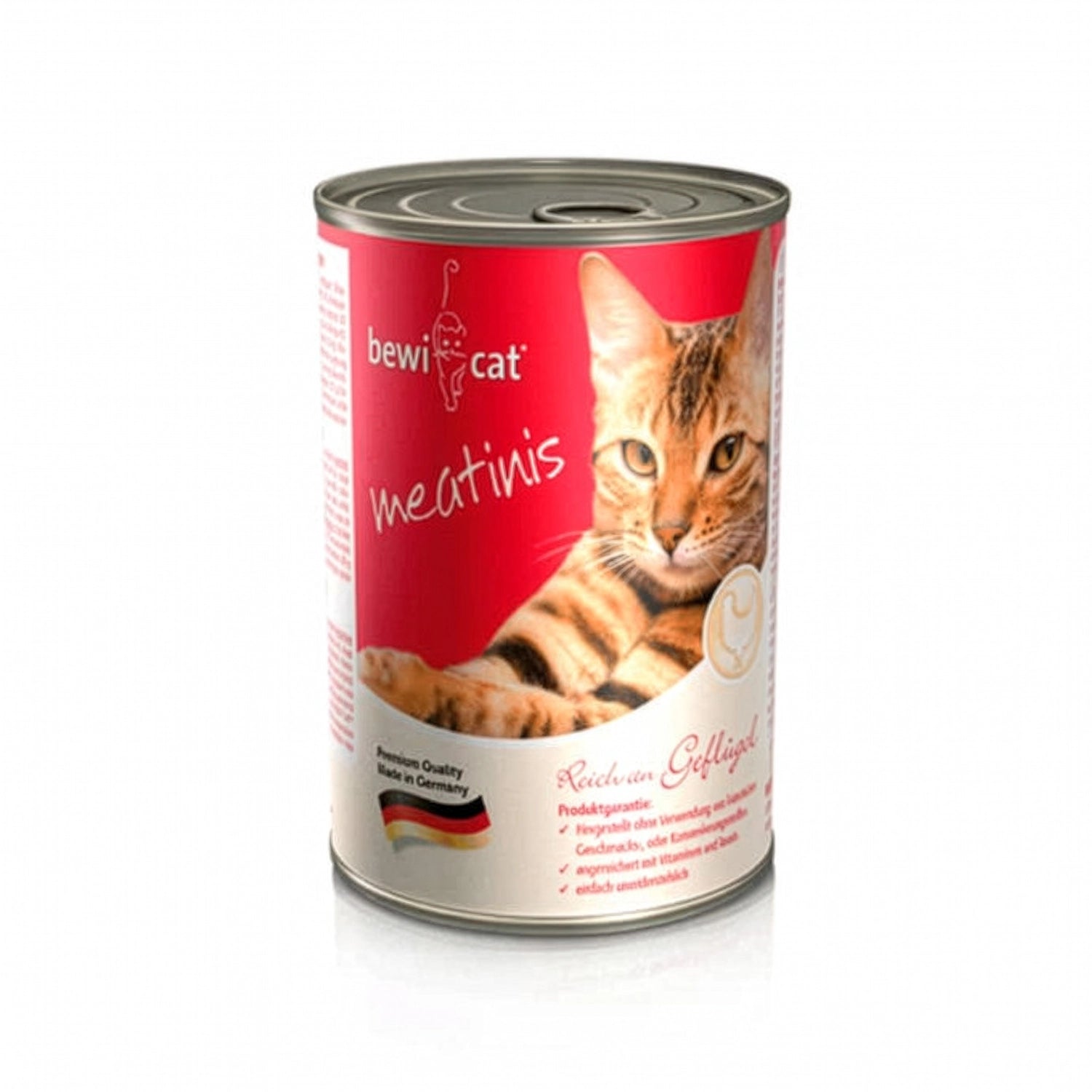 Bewi Cat Lata Meatinis Ave 400 g para gatos, alimento húmedo en lata con receta de ave, imagen de un gato atigrado y envase original.