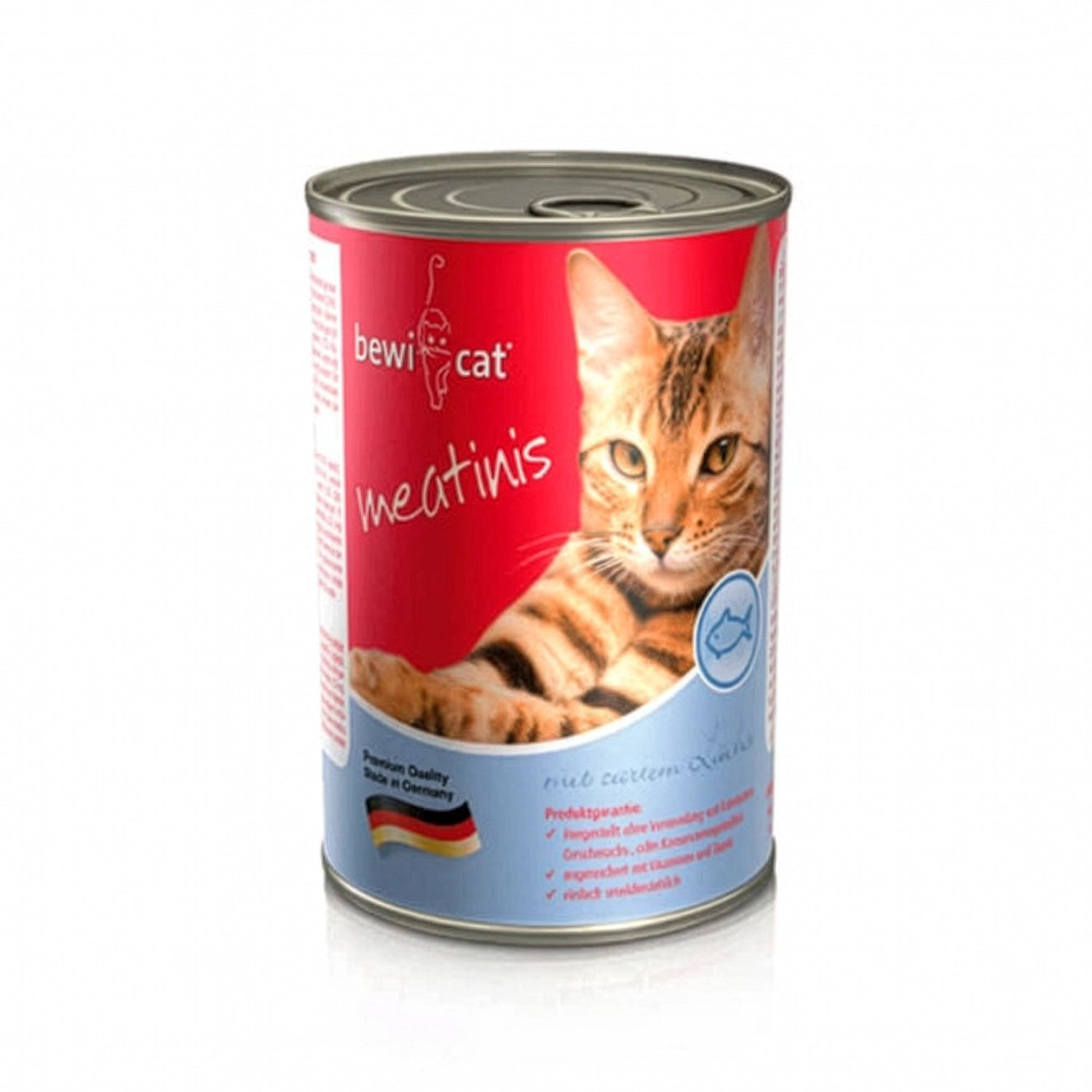 Bewi Cat Lata Meatinis Salmón para gatos, alimento húmedo en lata con receta de salmón, imagen de un gato atigrado y envase original.