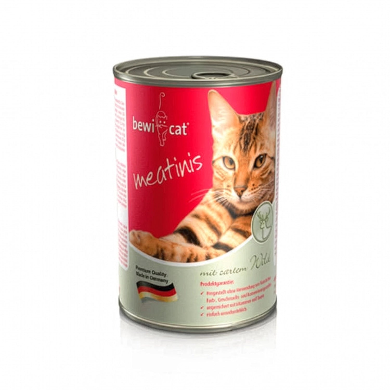 Bewi Cat Lata Meatinis Venado 400 g para gatos, alimento húmedo en lata con imagen de un gato atigrado y diseño original.