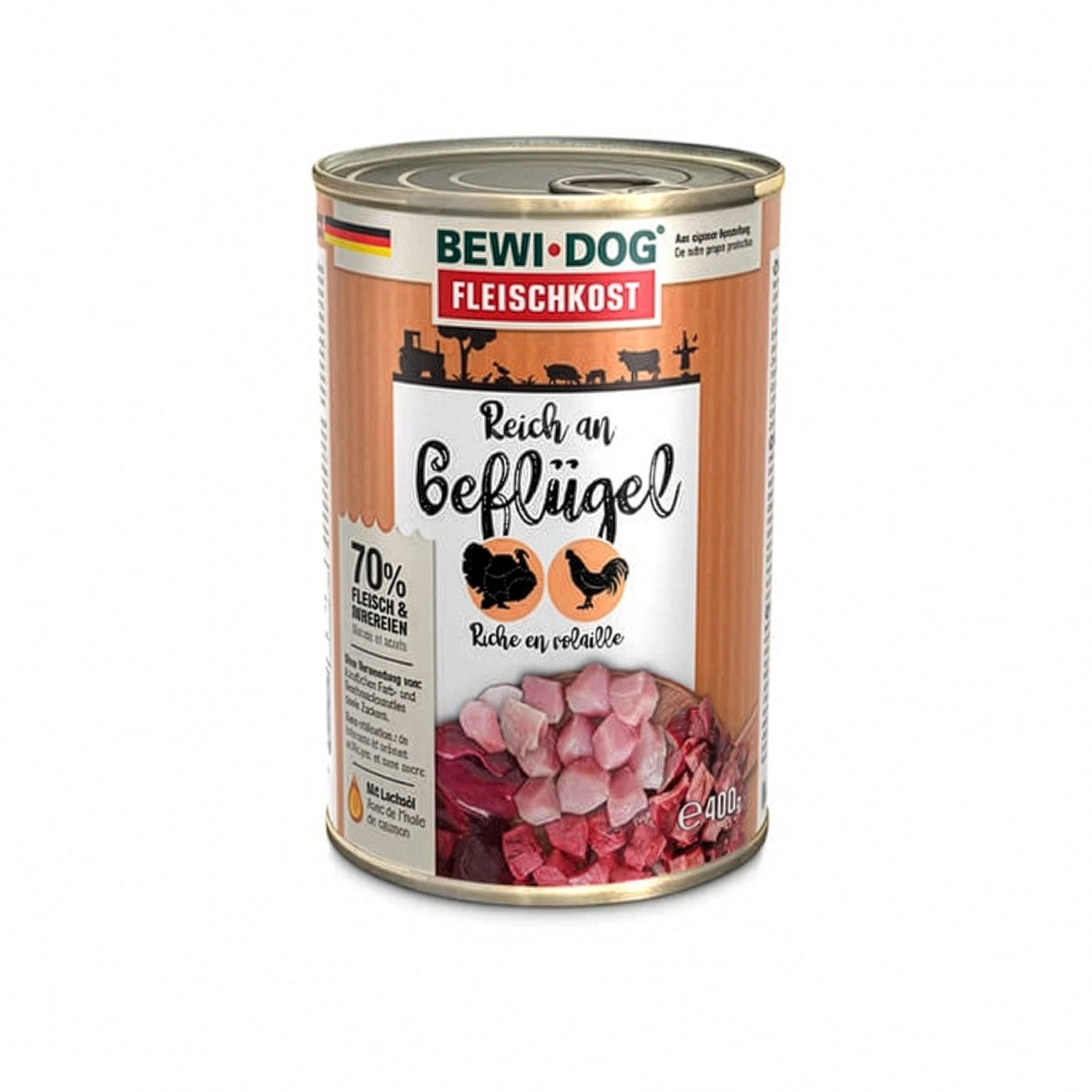 Bewi Dog Lata Rico en Ave para perros, alimento húmedo en lata con diseño original e imagen de trozos de carne de ave.