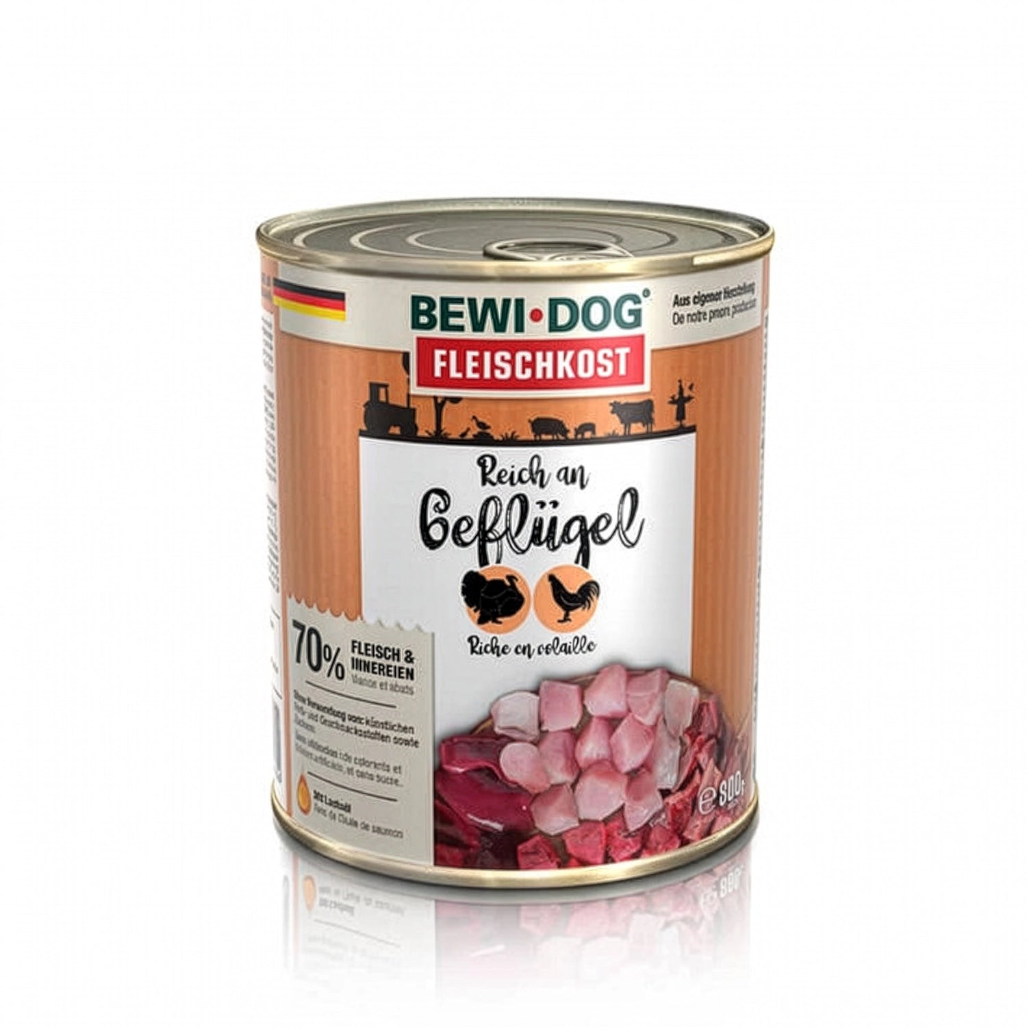 Bewi Dog Lata Rico en Ave para perros, alimento húmedo en lata con diseño original e imagen de trozos de carne de ave.