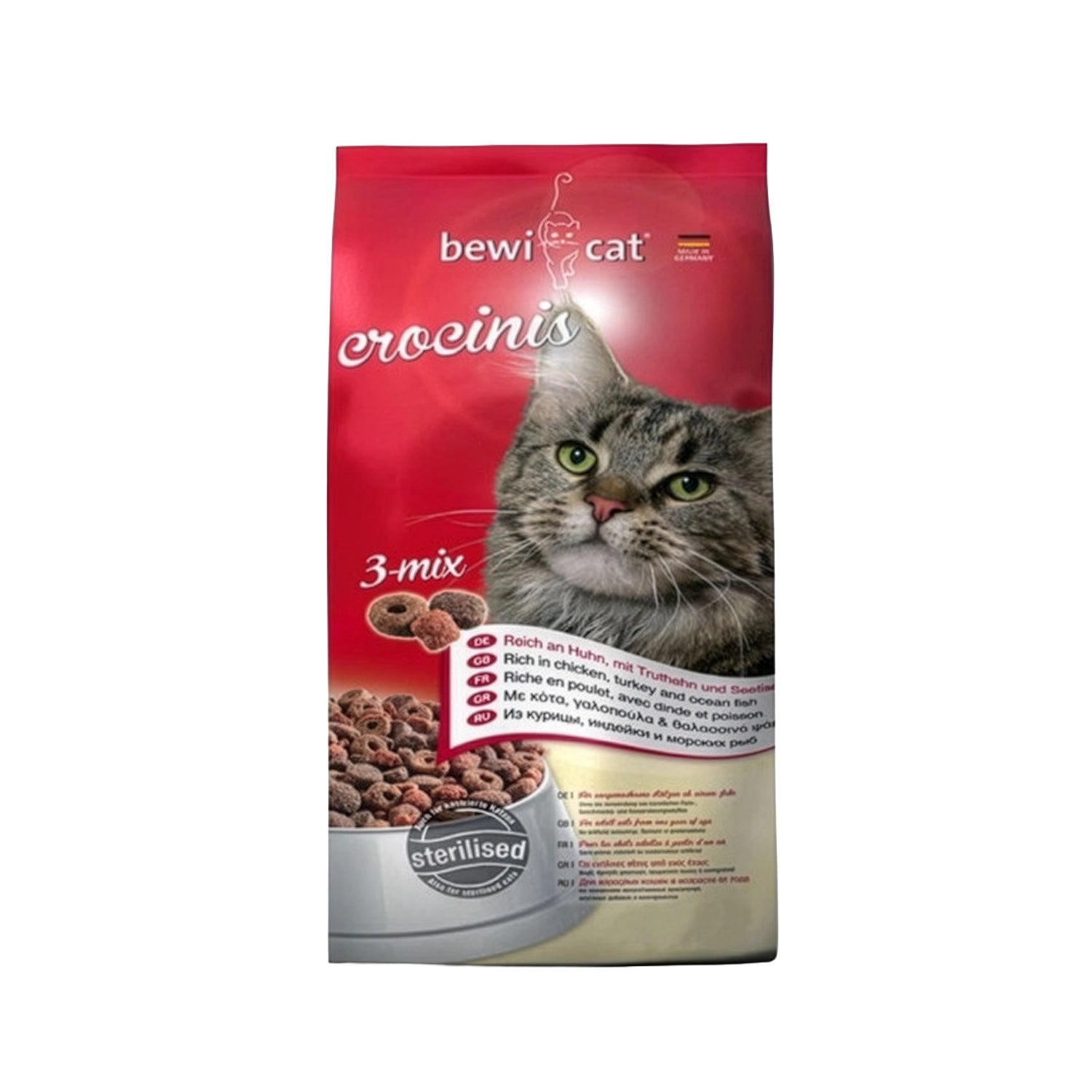 Bewi Cat Crocinis Pollo, Pavo y Pescado para gatos esterilizados, alimento seco con croquetas 3-Mix en envase rojo y foto de un gato.