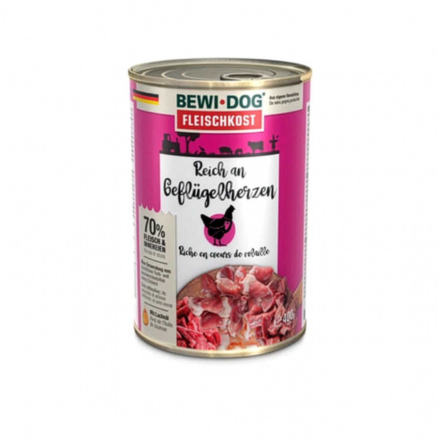 Bewi Dog Lata Rico en Corazones de Ave para perros, alimento húmedo en lata con diseño original e imagen de corazones de ave.