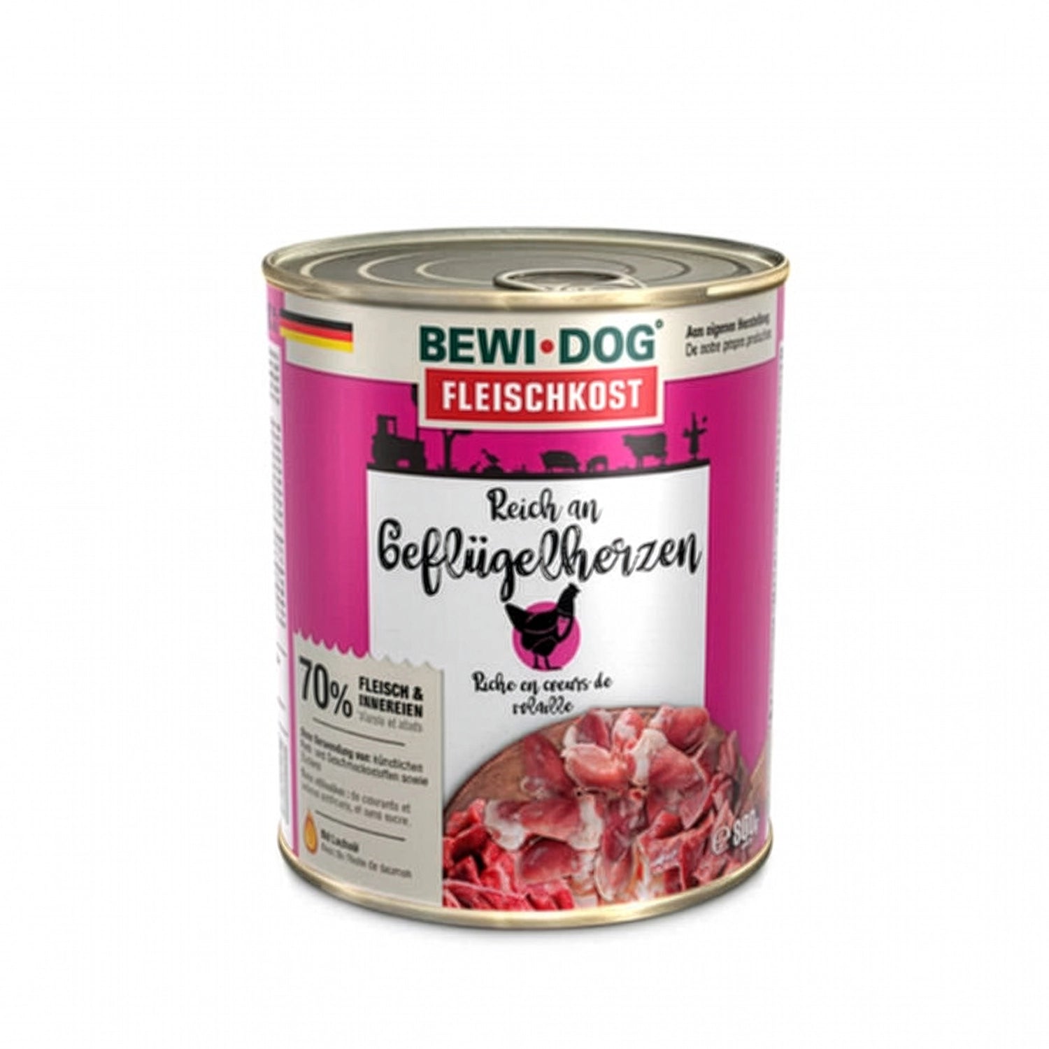 Bewi Dog Lata Rico en Corazones de Ave para perros, alimento húmedo en lata con diseño original e imagen de corazones de ave.