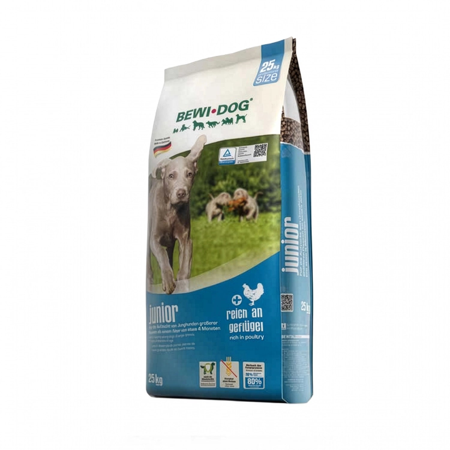 Bewi Dog Junior 25 Kg para cachorros, alimento seco con pollo en saco de 25 kg, envase original con imagen de un perro joven.