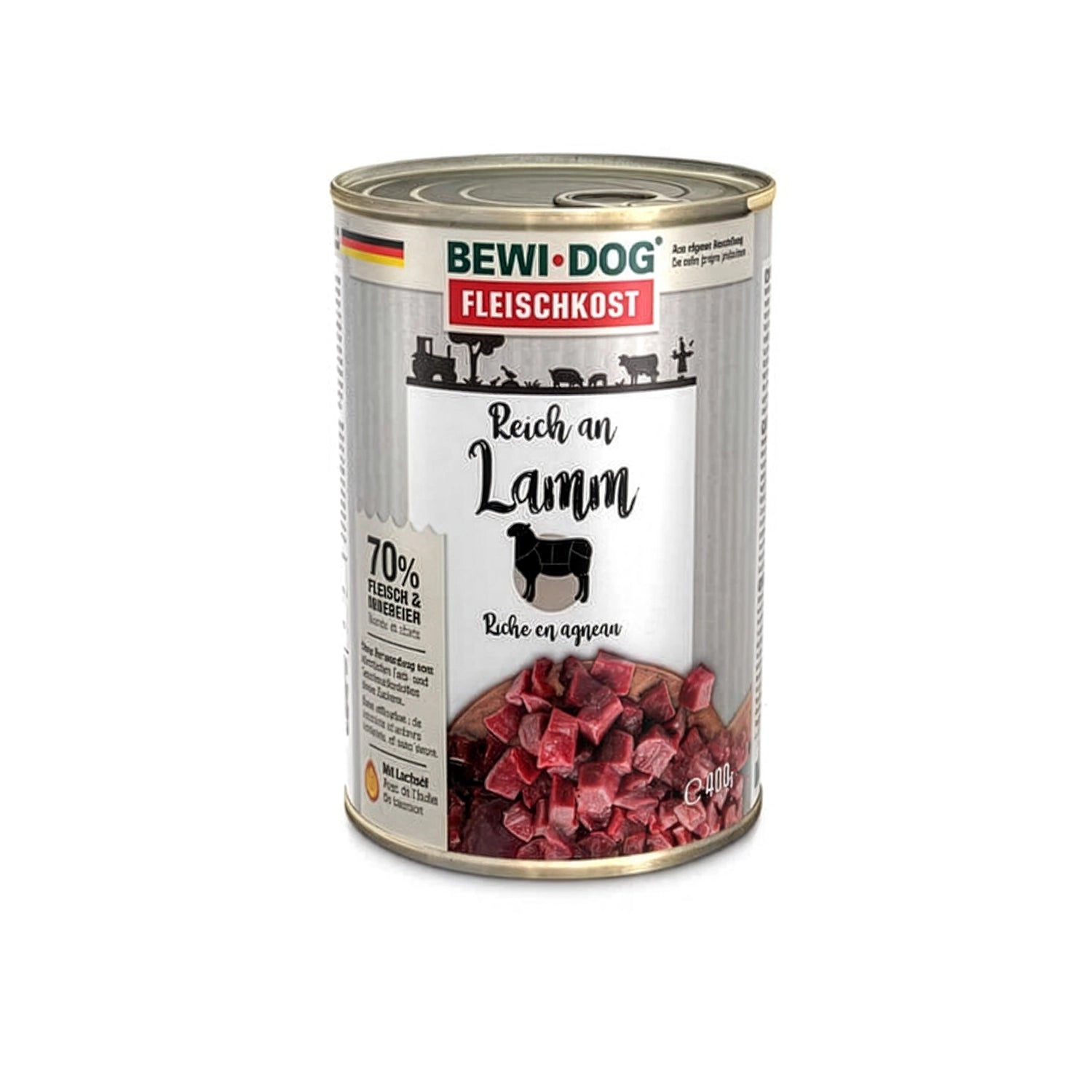 Bewi Dog Lata Rico en Cordero para perros en envase original, alimento húmedo con imagen de cubos de cordero y receta rica en carne.