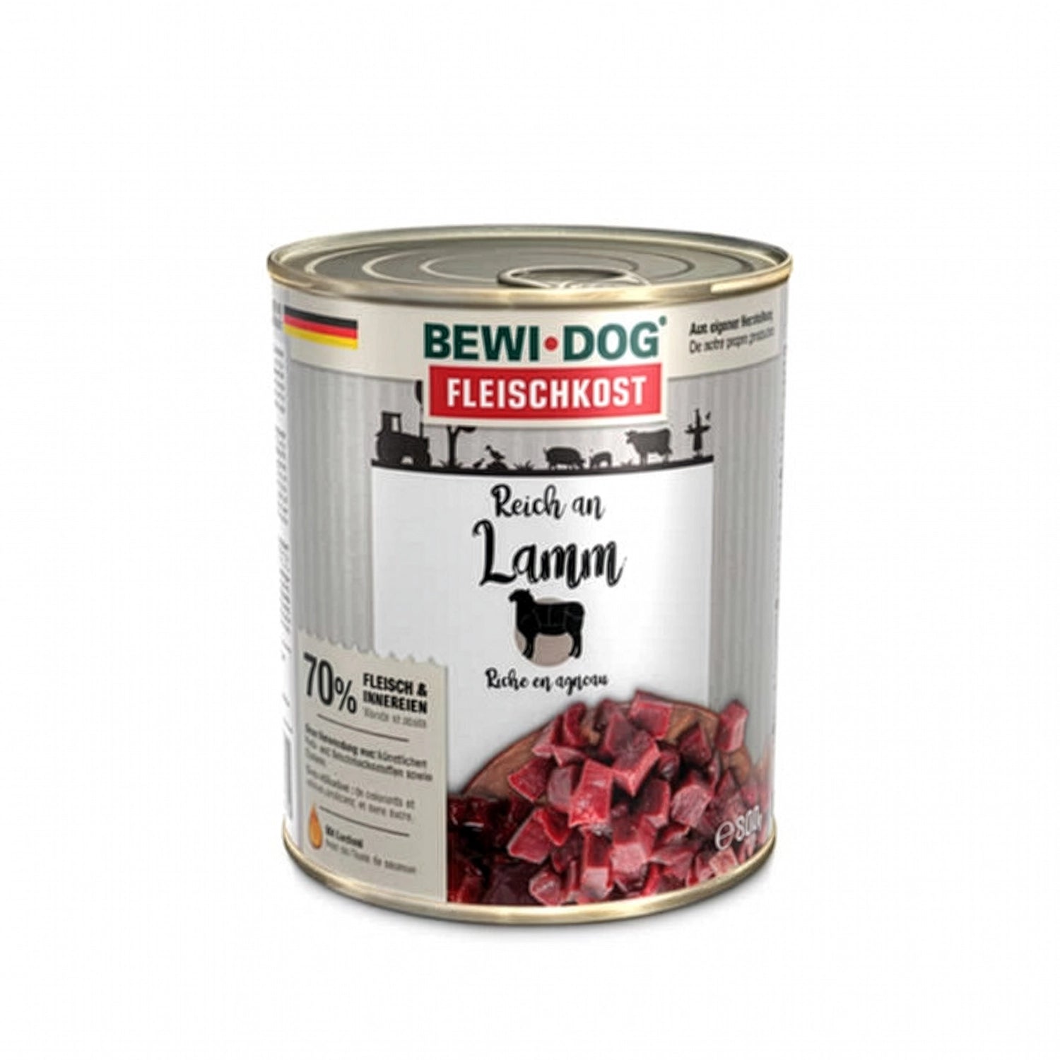 Bewi Dog Lata Rico en Cordero para perros en envase original, alimento húmedo con imagen de cubos de cordero y receta rica en carne.