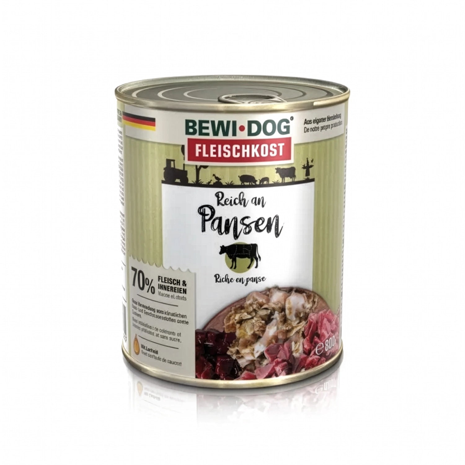 Bewi Dog Lata Rico en Panza para perros en envase original, alimento húmedo con imagen de ingredientes y receta rica en panza.