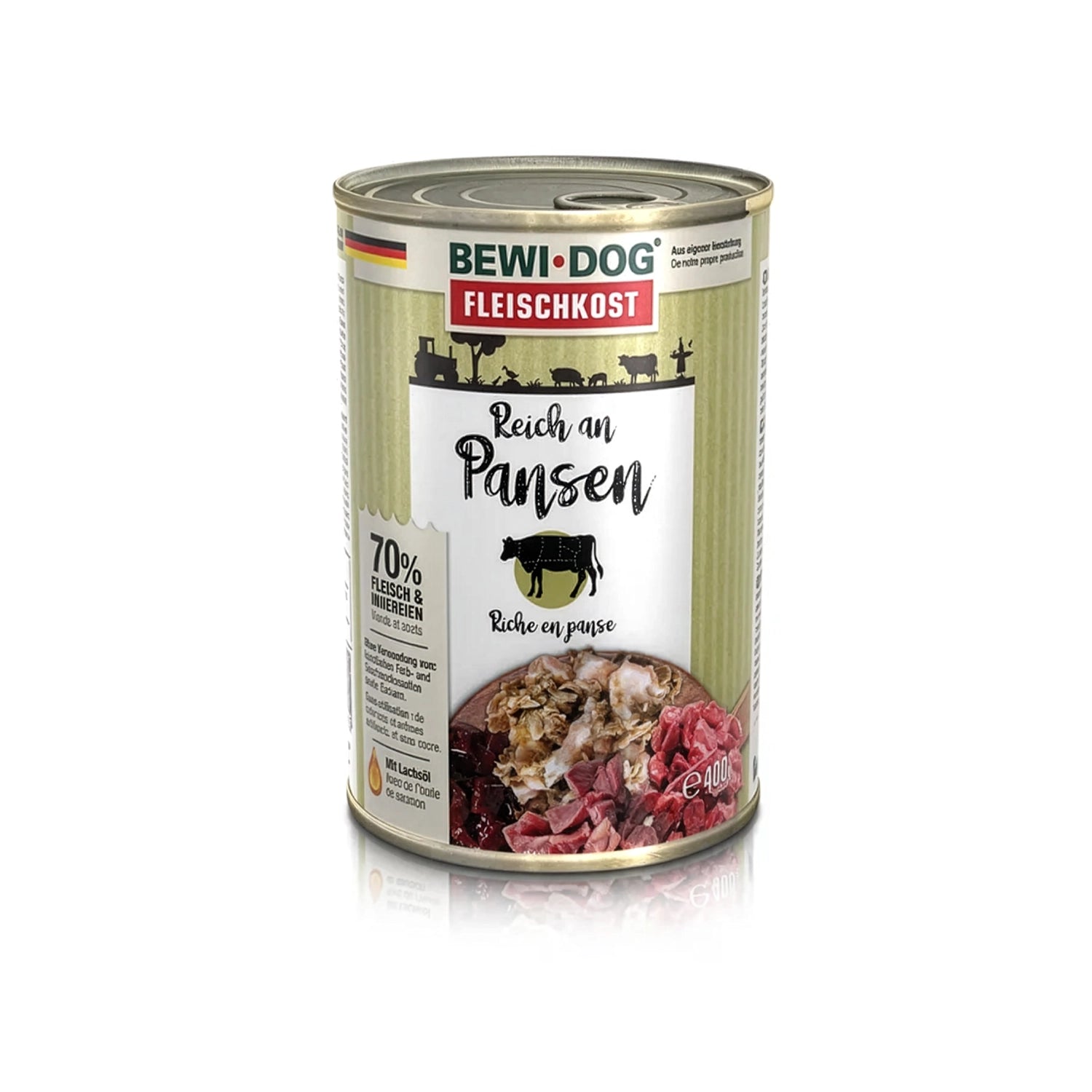 Bewi Dog Lata Rico en Panza para perros en envase original, alimento húmedo con imagen de ingredientes y receta rica en panza.