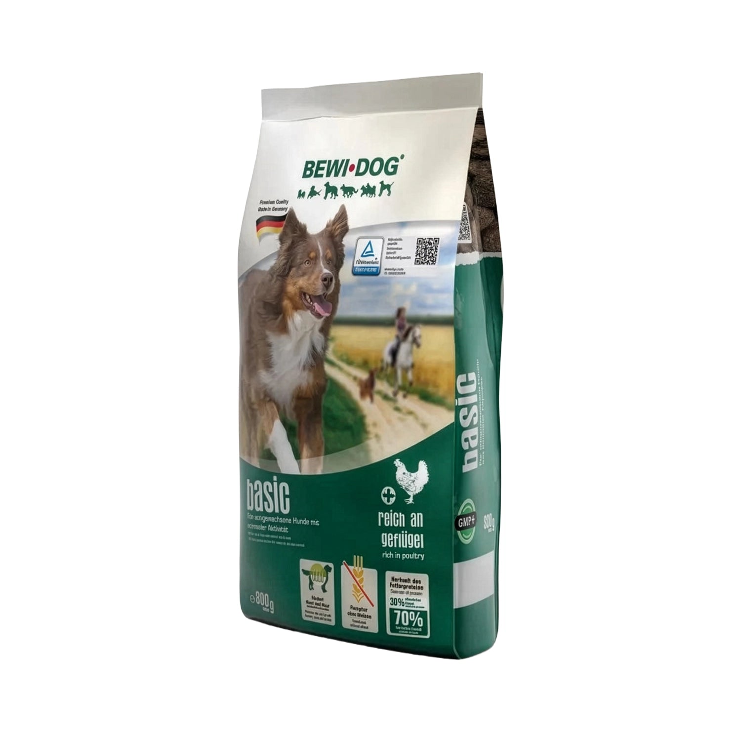 Bewi Dog Basic en bolsa original de alimento seco para perros, con imagen de un perro pastor y receta rica en aves sobre fondo blanco.