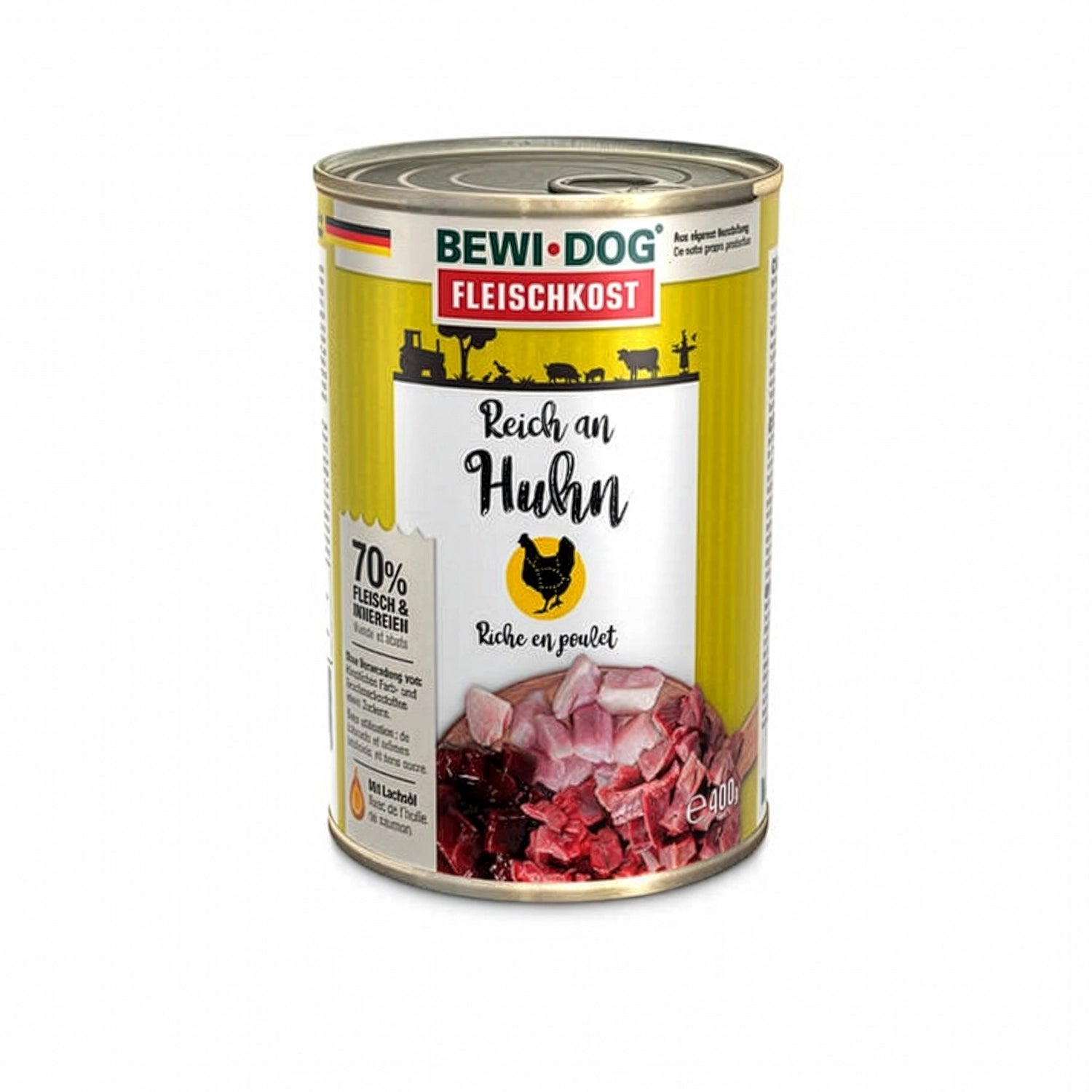 Bewi Dog Lata Rico en Pollo para perros, alimento húmedo en lata con diseño original e imagen de trozos de pollo en la etiqueta.