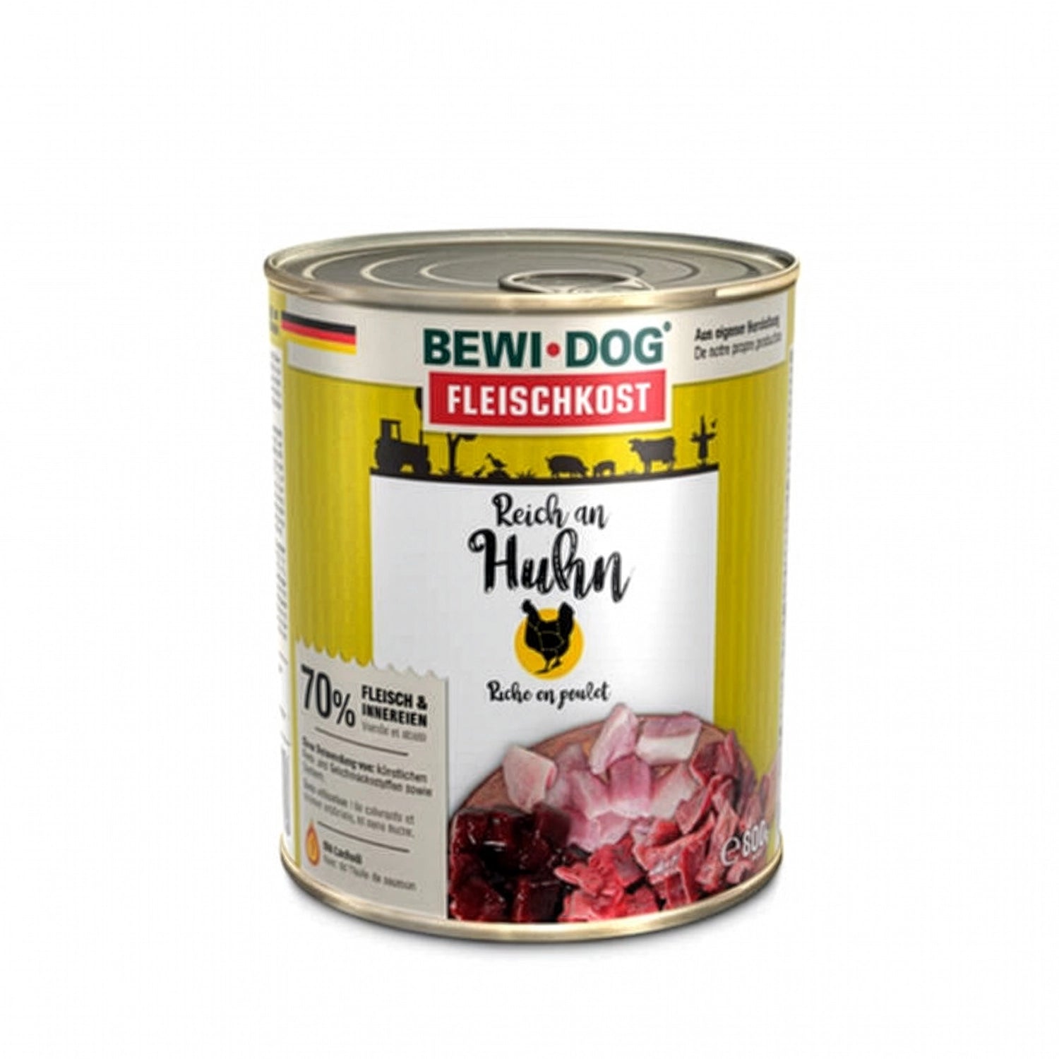 Bewi Dog Lata Rico en Pollo para perros, alimento húmedo en lata con diseño original e imagen de trozos de pollo en la etiqueta.