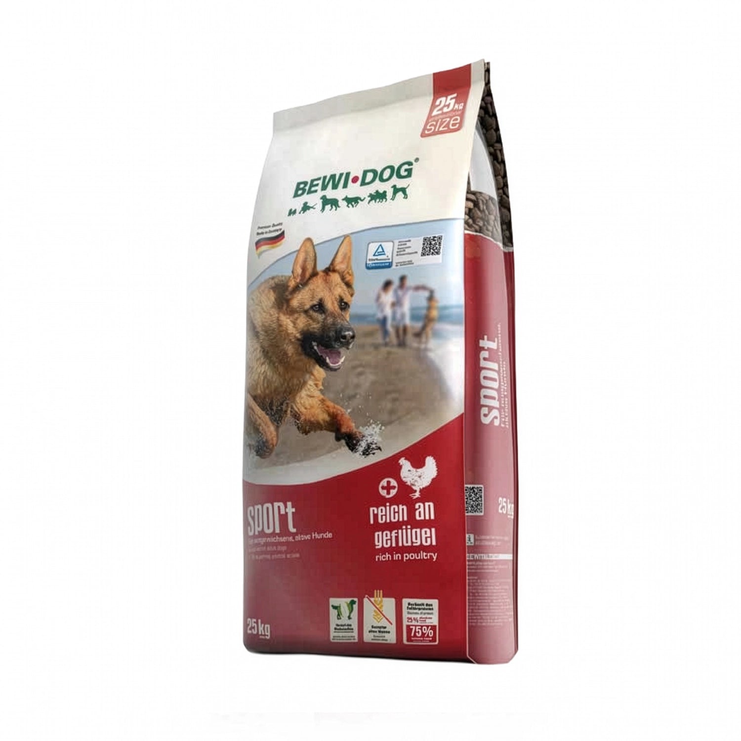 Bewi Dog Sport 25 Kg para perros, alimento seco con pollo en saco de 25 kg, envase original con imagen de un perro corriendo.