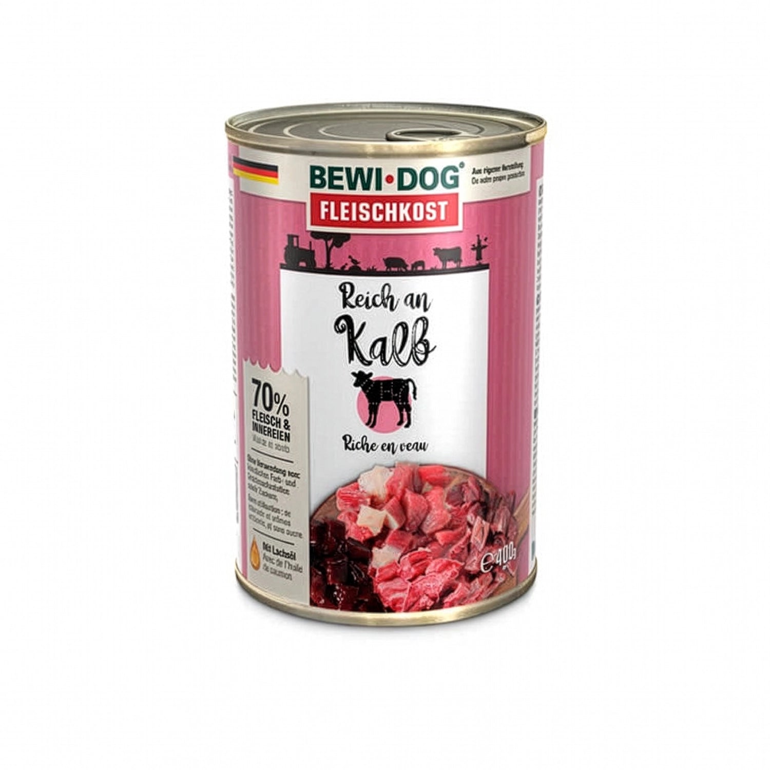Bewi Dog Lata Rico en Ternera para perros, alimento húmedo en lata con diseño original e imagen de trozos de ternera en la etiqueta.