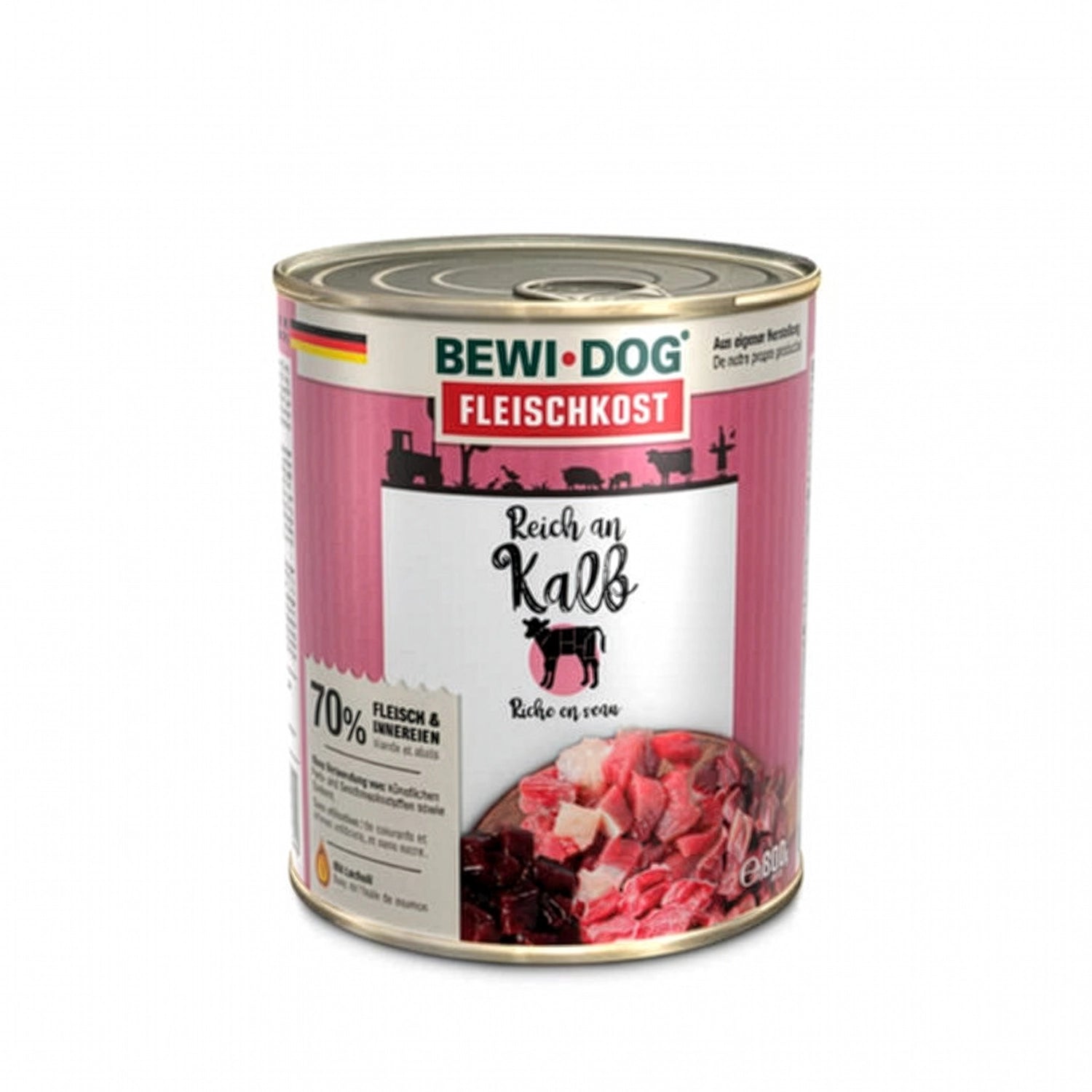 Bewi Dog Lata Rico en Ternera para perros, alimento húmedo en lata con diseño original e imagen de trozos de ternera en la etiqueta.