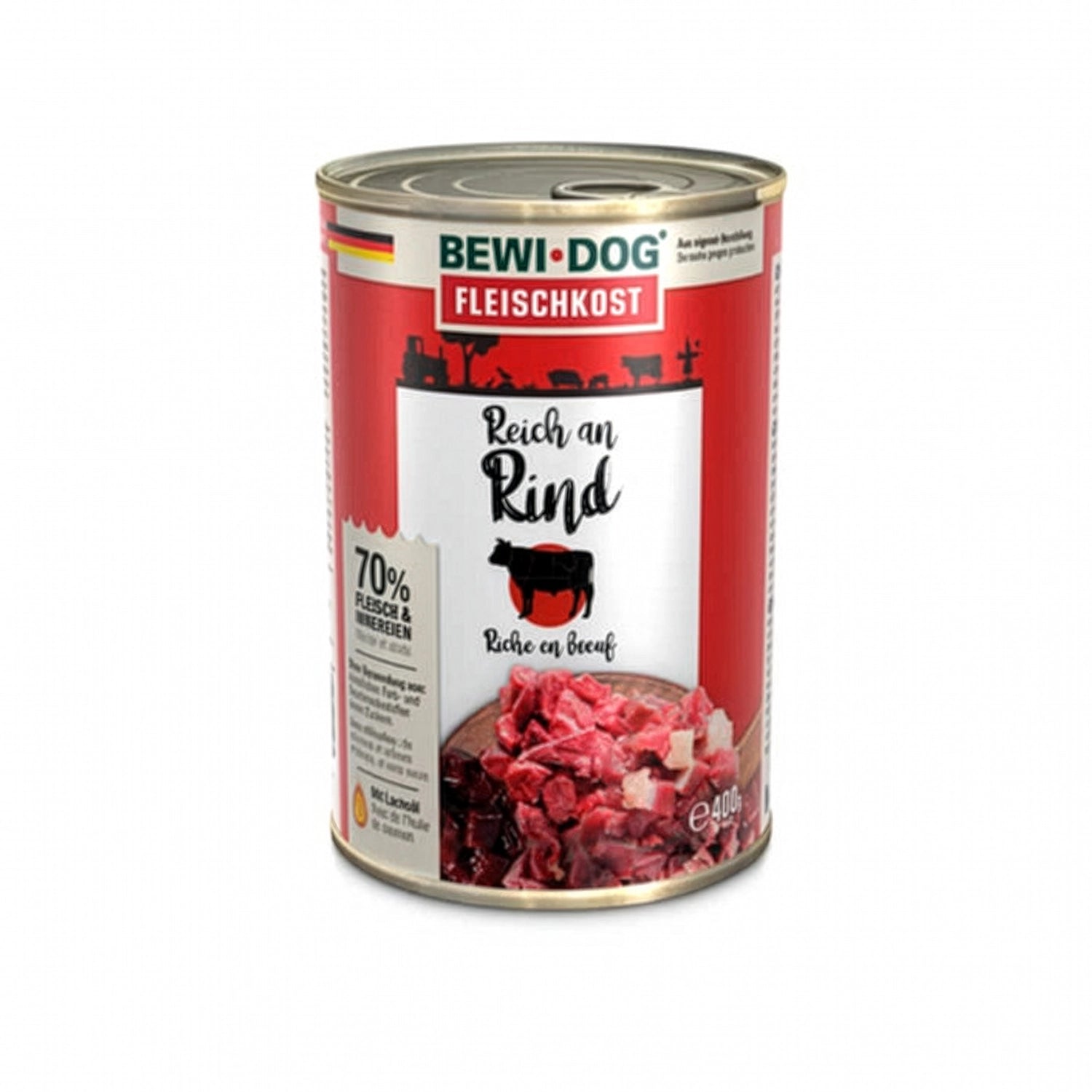 Bewi Dog Lata Rico en Vacuno para perros, alimento húmedo en lata con diseño original e imagen de trozos de carne de vacuno.