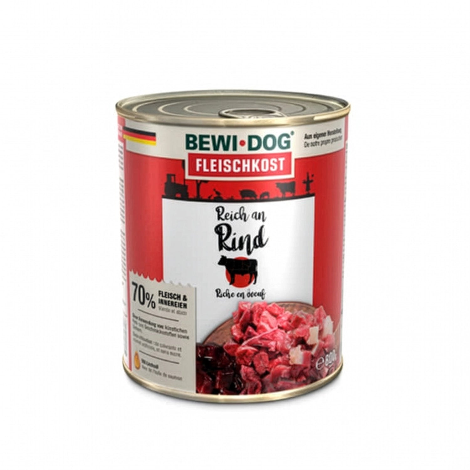 Bewi Dog Lata Rico en Vacuno para perros, alimento húmedo en lata con diseño original e imagen de trozos de carne de vacuno.
