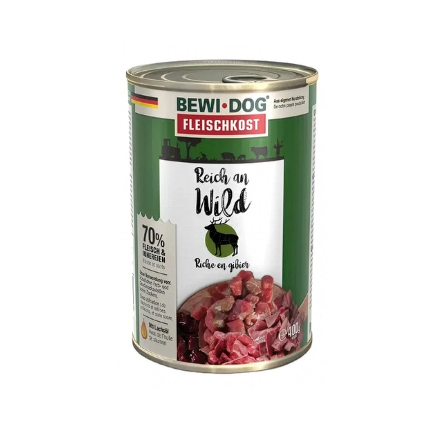 Bewi Dog Lata Rico en Venado para perros, alimento húmedo en lata con diseño original e imagen de trozos de carne de venado.