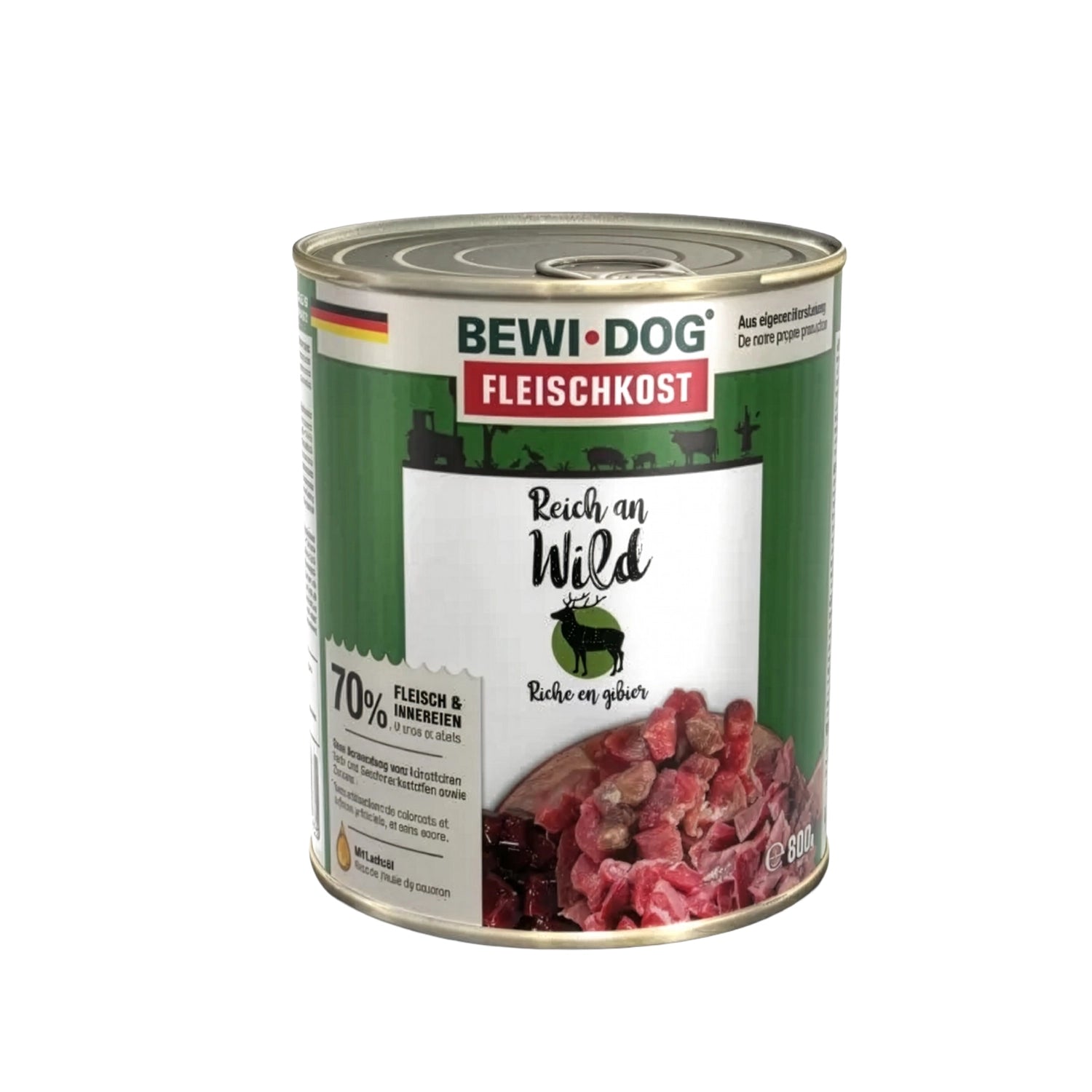 Bewi Dog Lata Rico en Venado para perros, alimento húmedo en lata con diseño original e imagen de trozos de carne de venado.