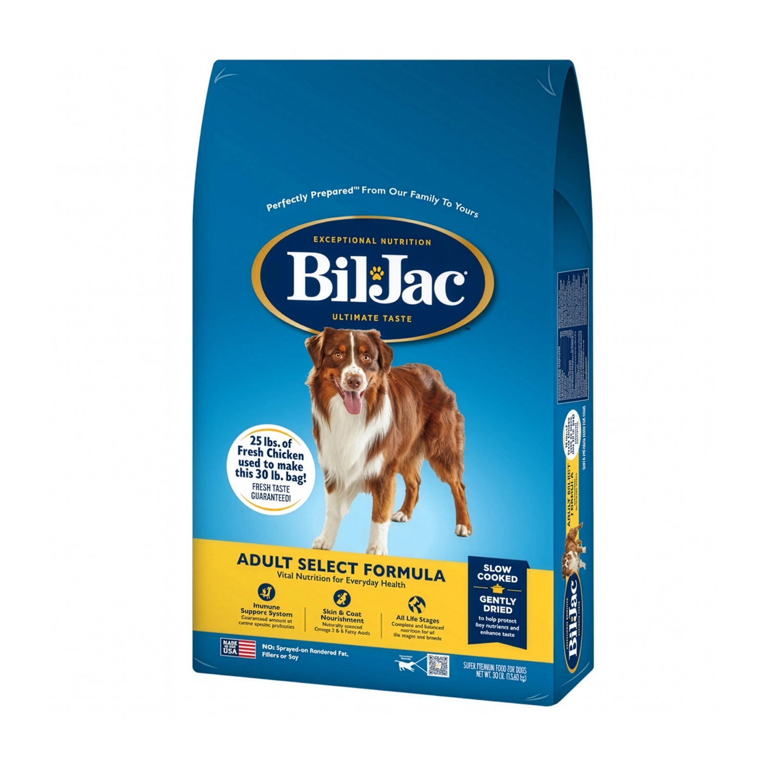 Alimento Bil Jac "Adult Select" para Perros en saco azul con soporte inmune, piel sana y cocción lenta.