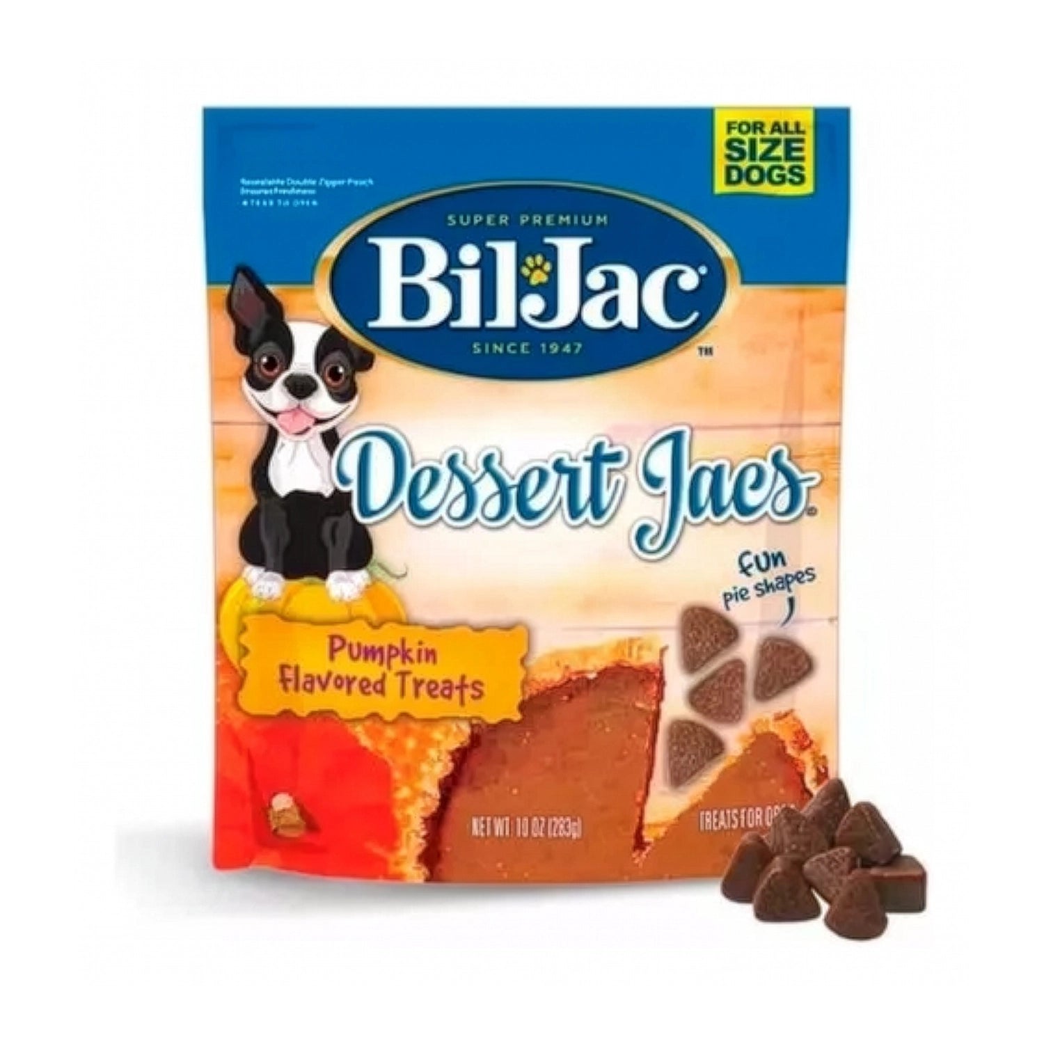 Bolsa Bil-Jac Premios Dessert Jacs Pumpkin con snacks sabor calabaza, ilustración de perro y premios triangulares.