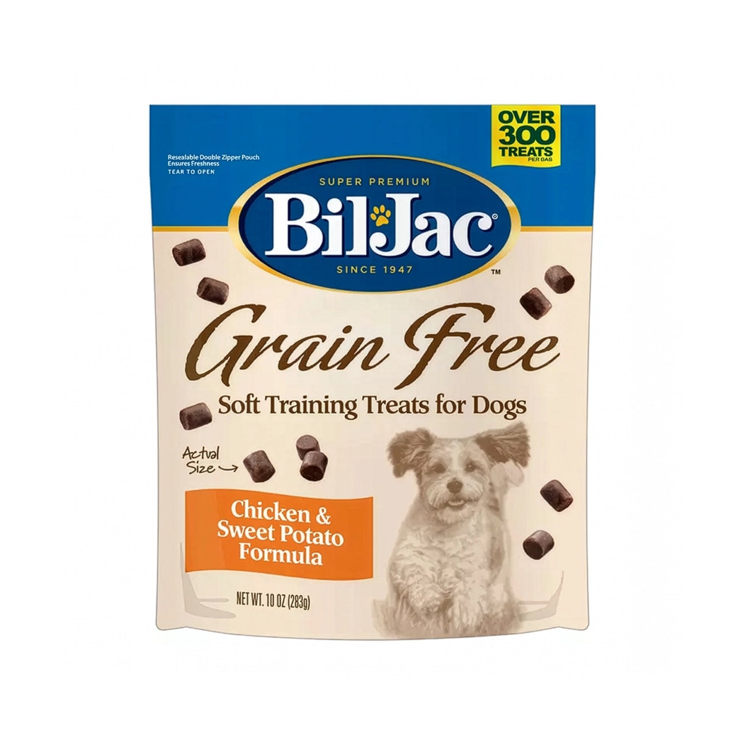 Bolsa de Bocados Blandos Bil Jac Grain Free Pollo y Camote con snacks suaves para perros y fórmula sin granos.