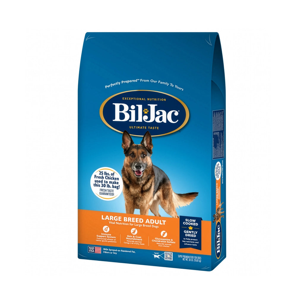 Alimento Bil Jac "Large Breed" para Perros en saco azul con pollo fresco y soporte nutricional para perros grandes.