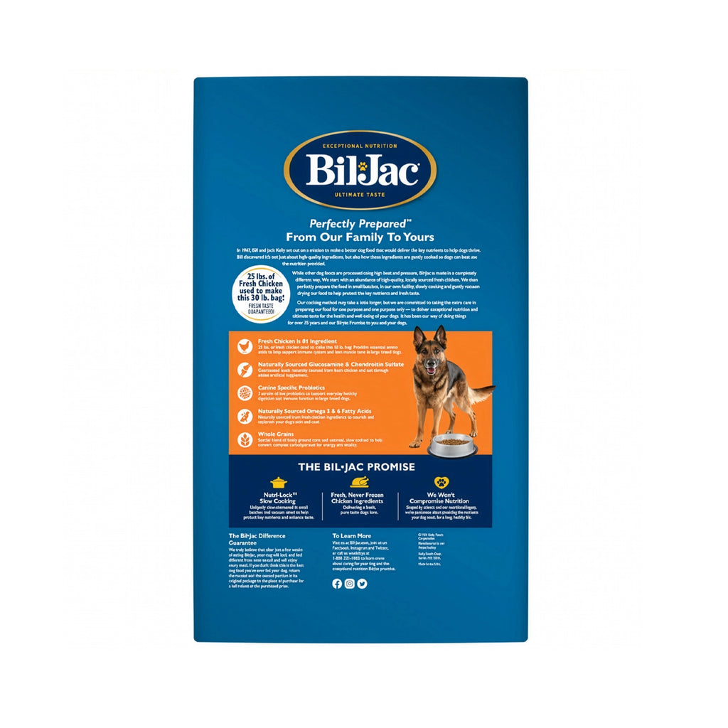 Alimento Bil Jac "Large Breed" para Perros en saco azul con pollo fresco y soporte nutricional para perros grandes.