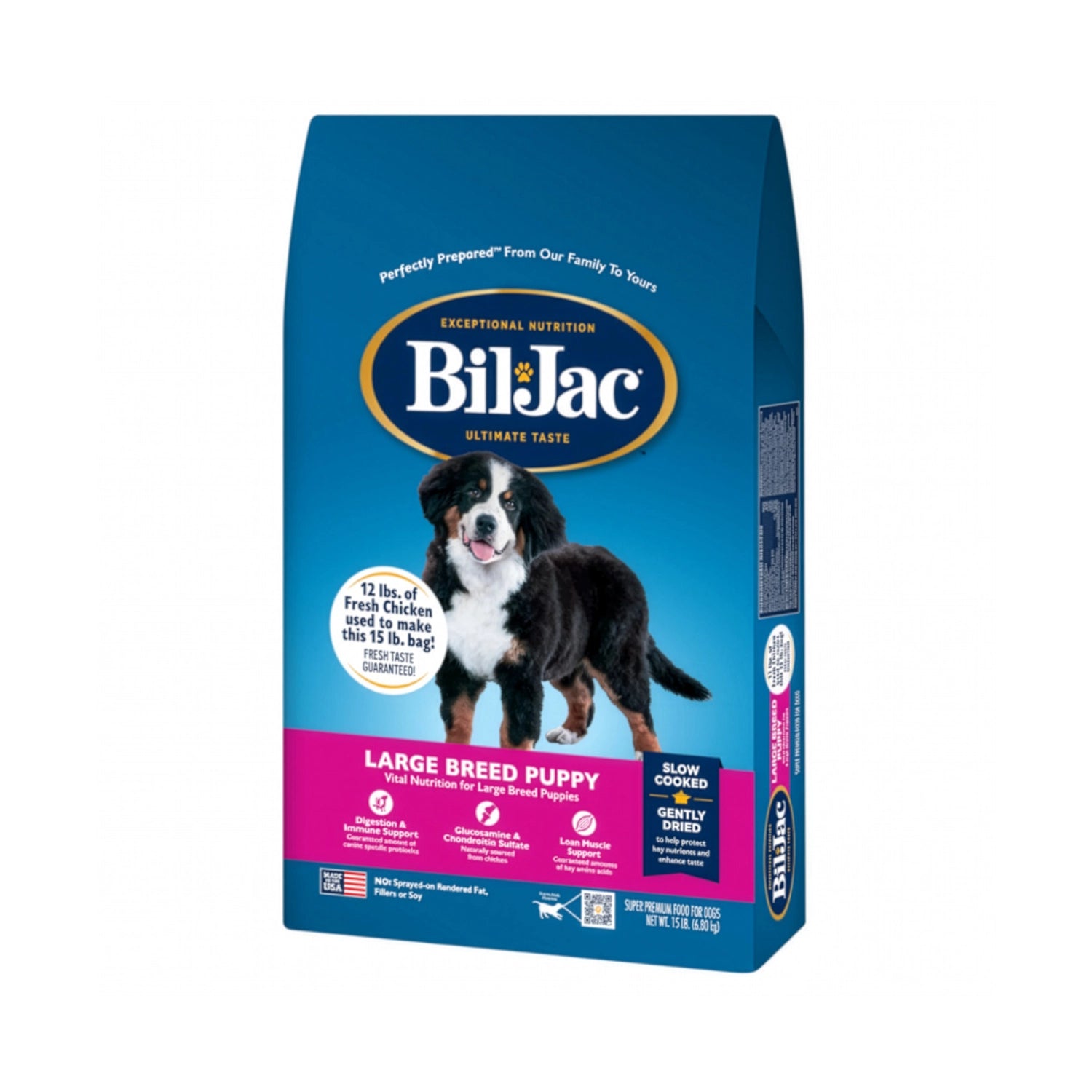 Bil Jac "Large Breed Puppy" para Cachorros, alimento seco para cachorros de razas grandes con pollo fresco.