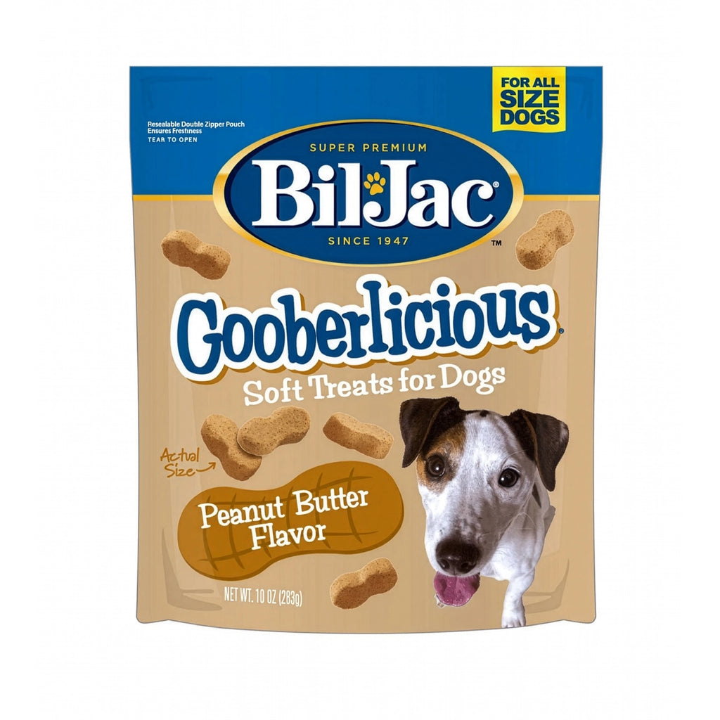 Bolsa de Premios Bil-Jac Gooberlicious para perros con sabor mantequilla de maní y snacks suaves en forma de hueso.