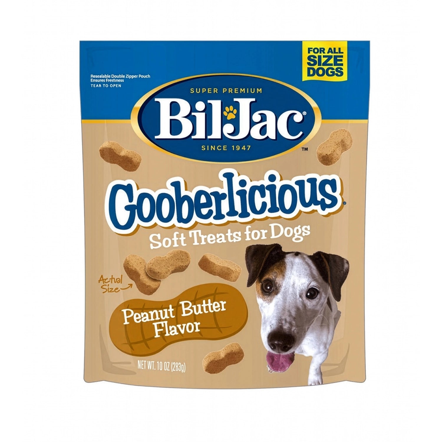 Bolsa de Premios Bil-Jac Gooberlicious para perros con sabor mantequilla de maní y snacks suaves en forma de hueso.