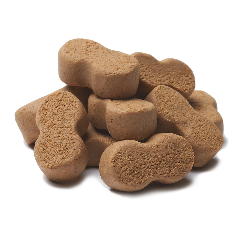 Bolsa de Premios Bil-Jac Gooberlicious para perros con sabor mantequilla de maní y snacks suaves en forma de hueso.