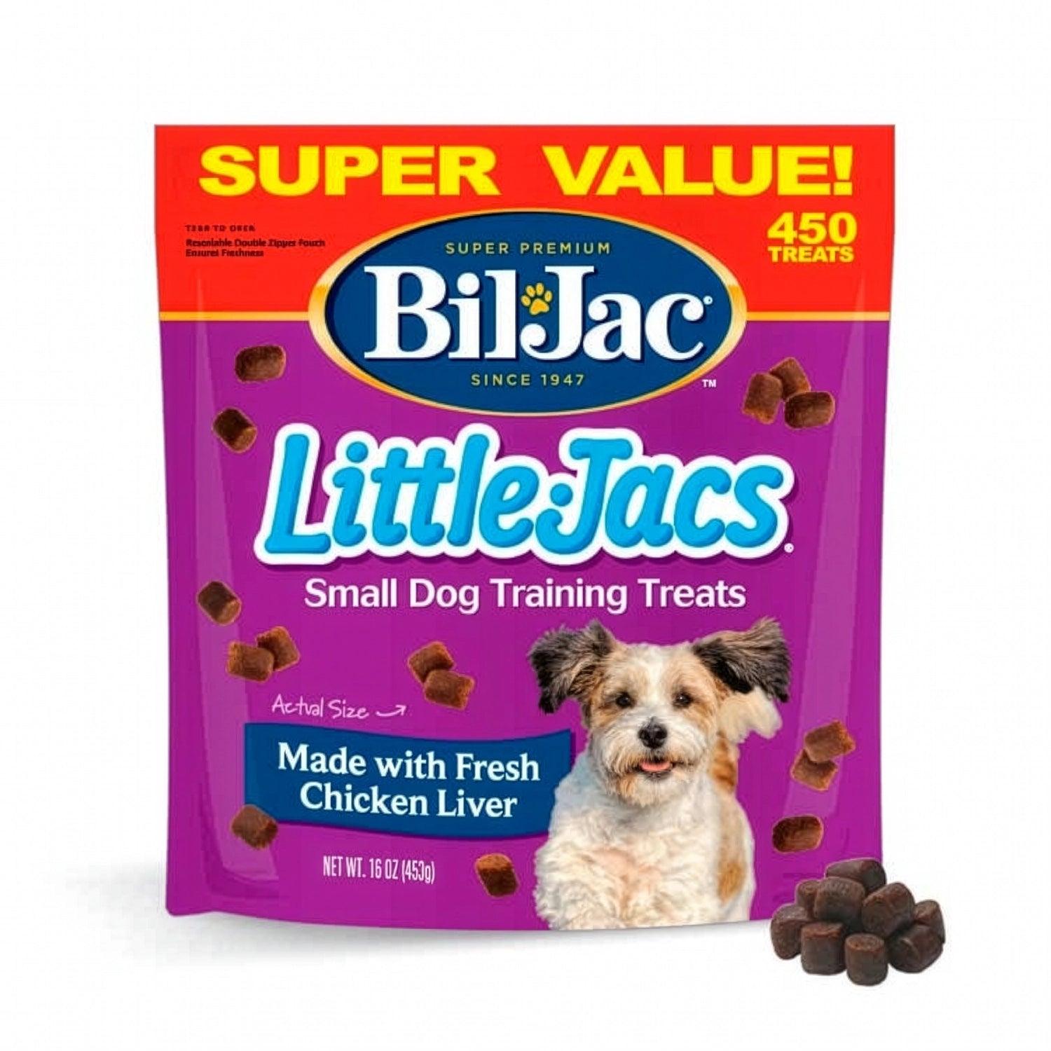 Bolsa de Premios Pequeños Blandos "Little Jacs" Bil Jac para entrenamiento de perros pequeños con hígado de pollo.