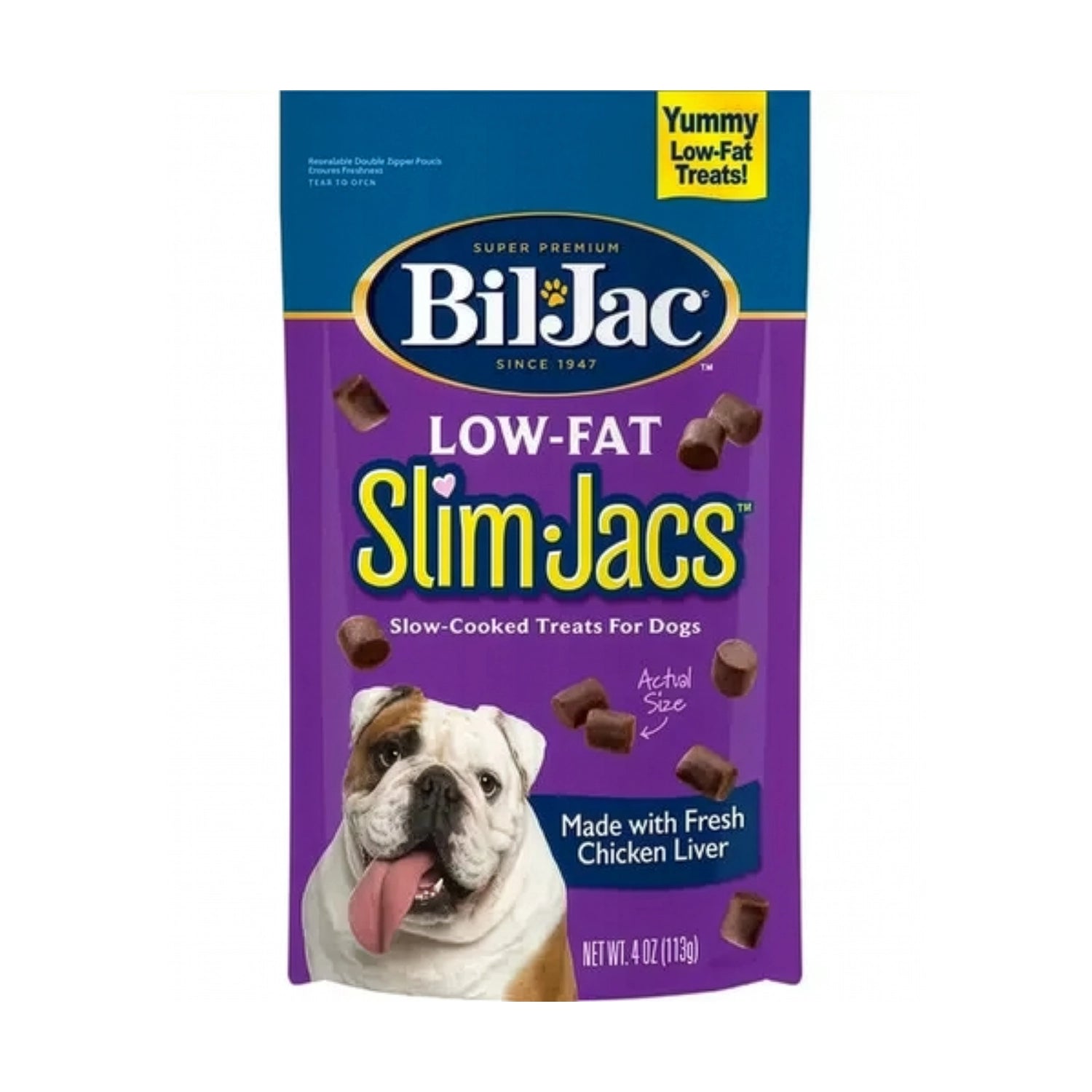 Bolsa Bil Jac Premios Slim Jacs Bajos en Grasa con snacks para perros, diseño morado y bulldog en el envase.