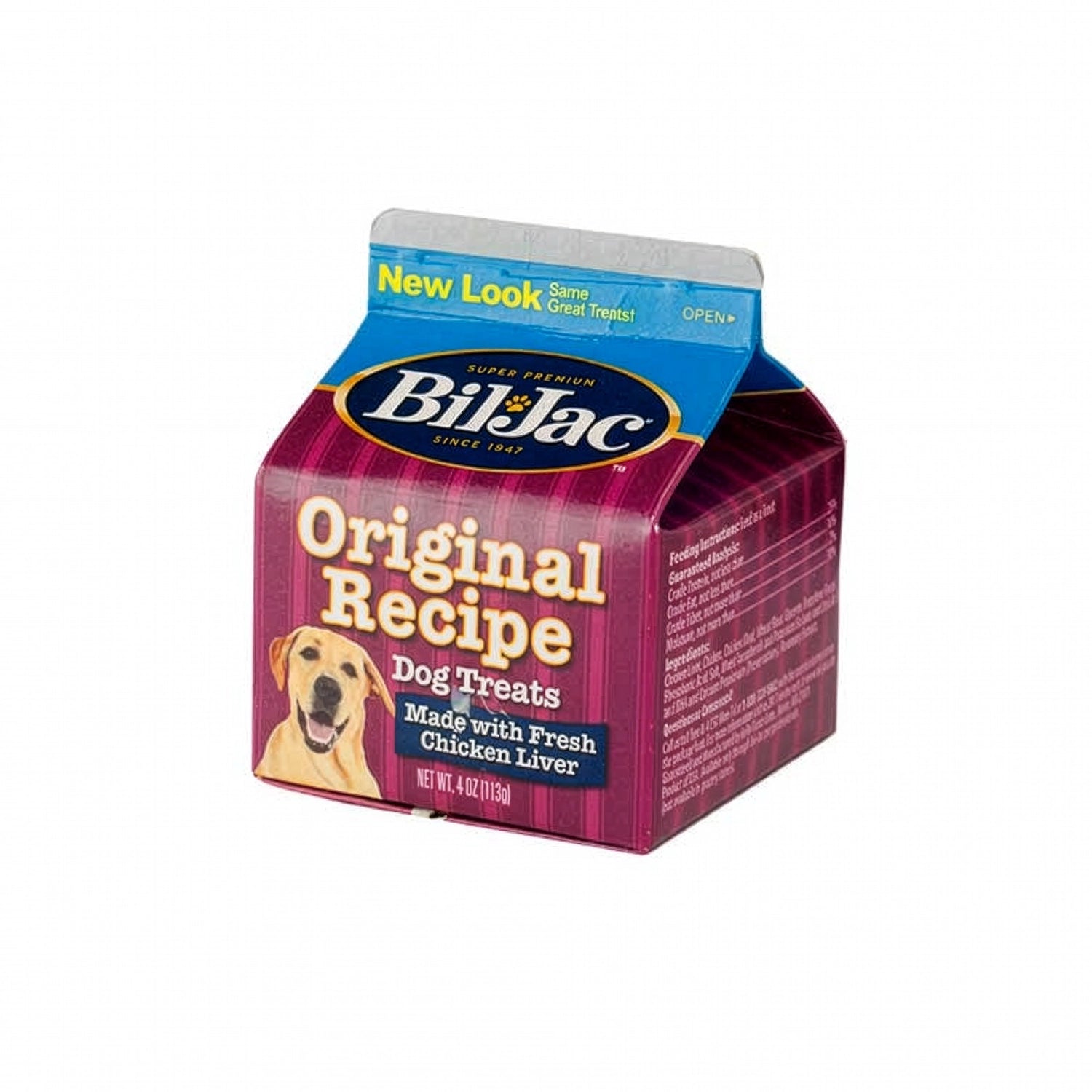 Caja de Premios Bil-Jac Receta Original para Perros con hígado de pollo fresco y diseño tipo cartón de leche.