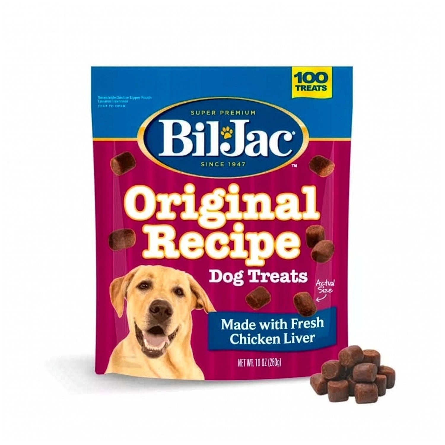 Bolsa de Premios Bil-Jac Receta Original para Perros con hígado de pollo fresco y diseño tipo cartón de leche.
