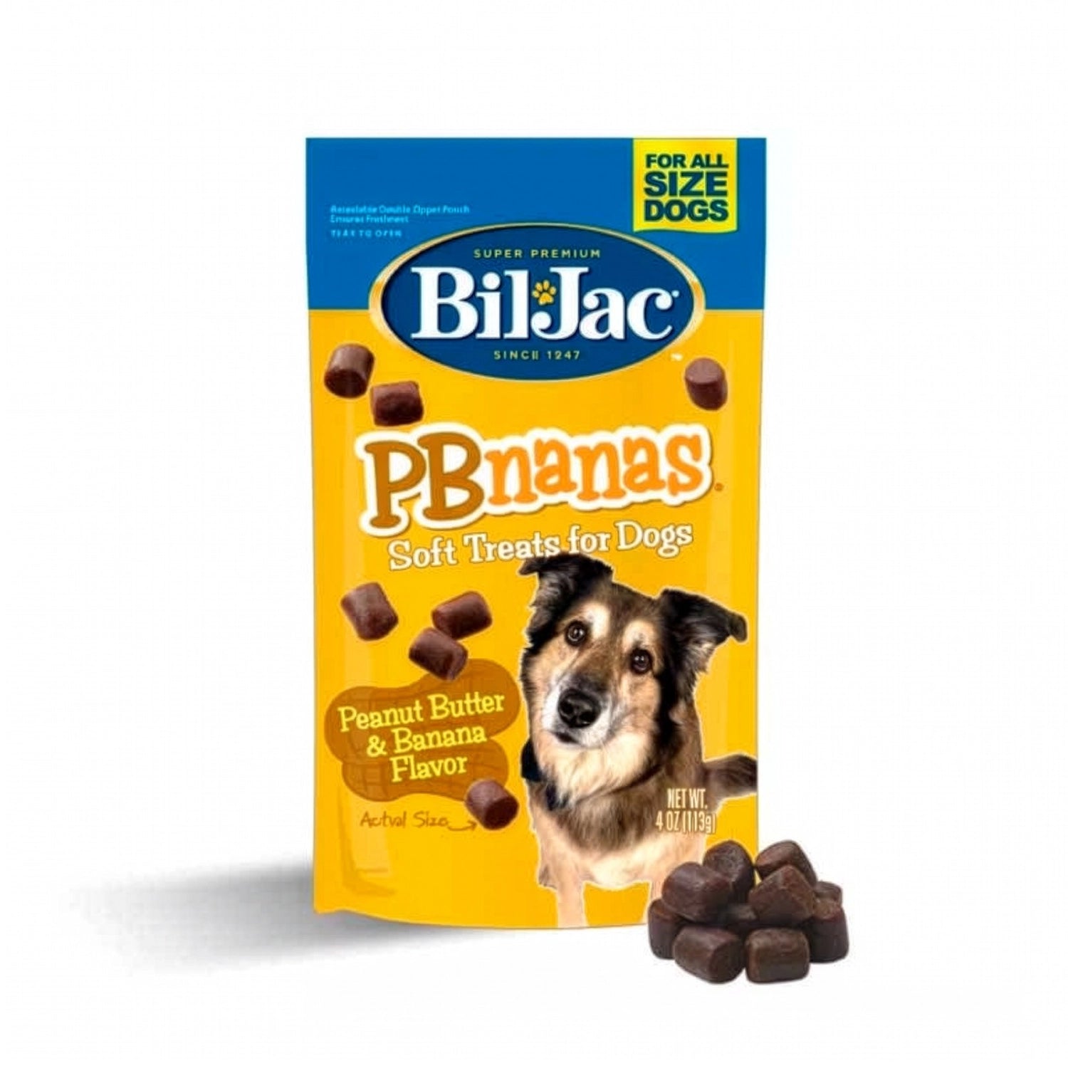 Bolsa de Premios Blandos Bil-Jac PBNanas para perros con sabor mantequilla de maní y banana, con bocados suaves.