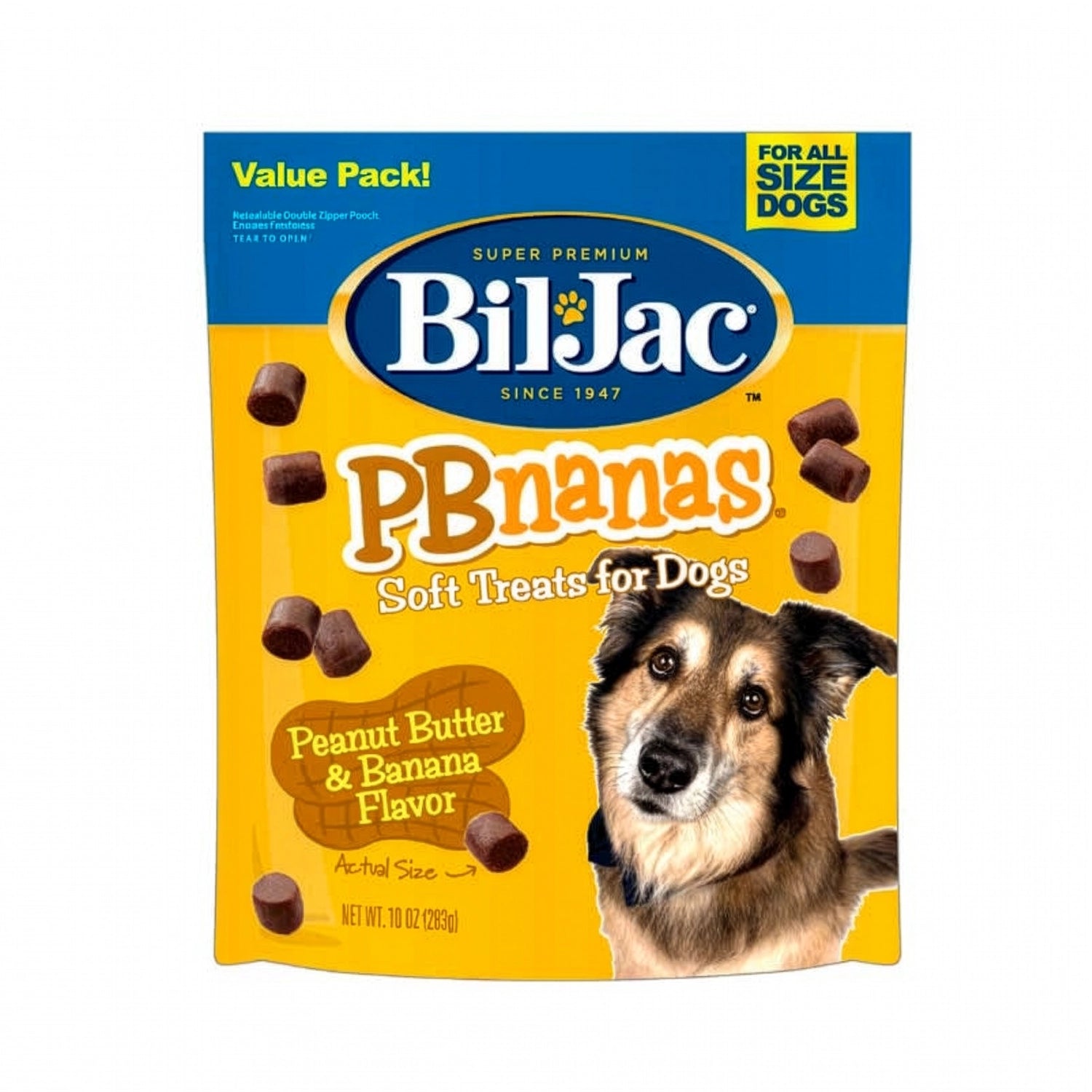 Bolsa de Premios Blandos Bil-Jac PBNanas para perros con sabor mantequilla de maní y banana, con bocados suaves.