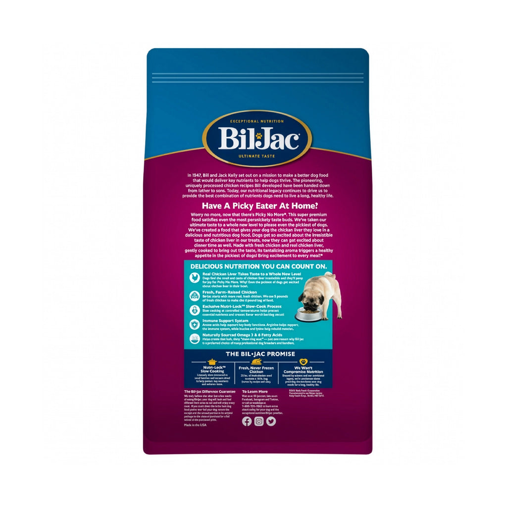 Bolsa Bil Jac "Picky No More" Razas Pequeñas con perro pequeño, alimento premium y receta para paladares exigentes.
