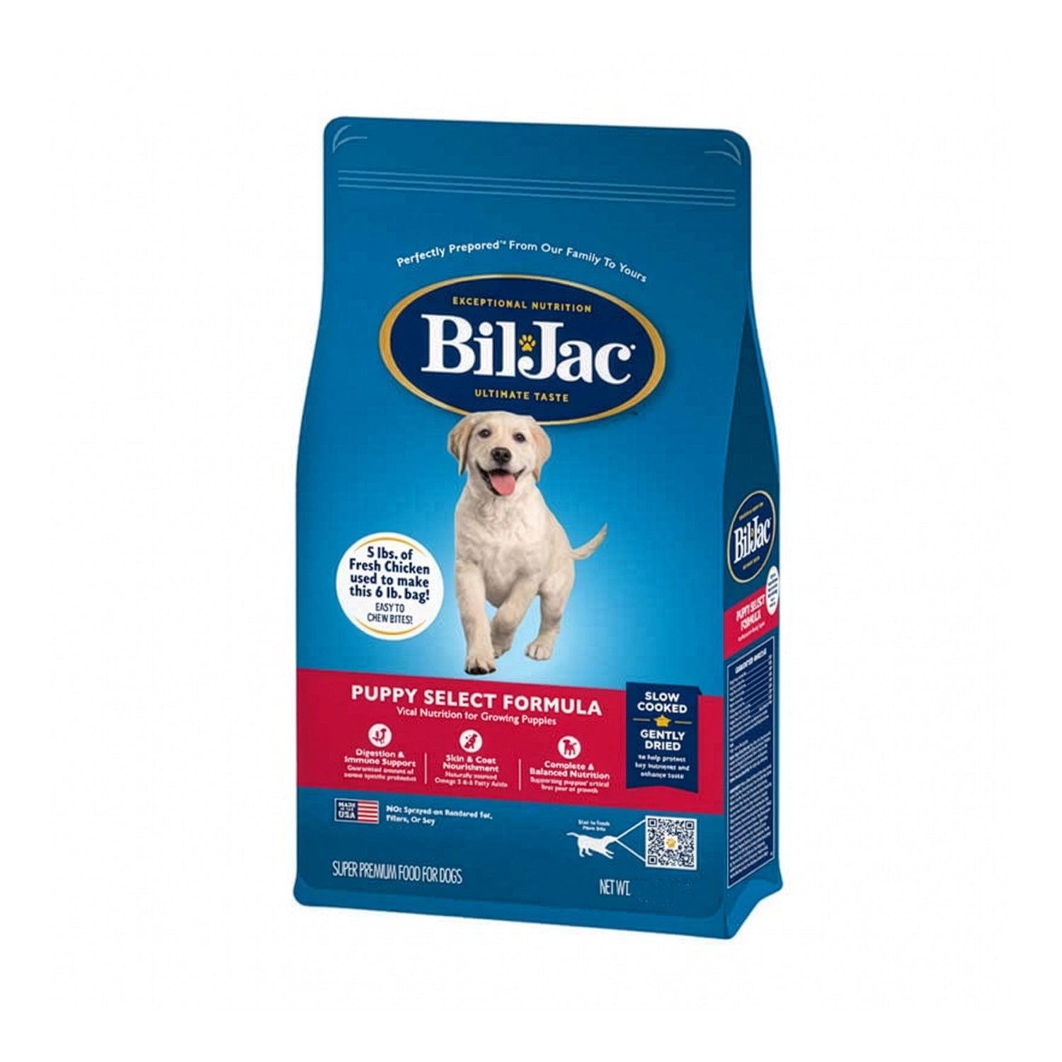 Bolsa de Alimento Bil-Jac "Puppy Select Formula" para Cachorros con imagen de cachorro y fórmula premium seca.