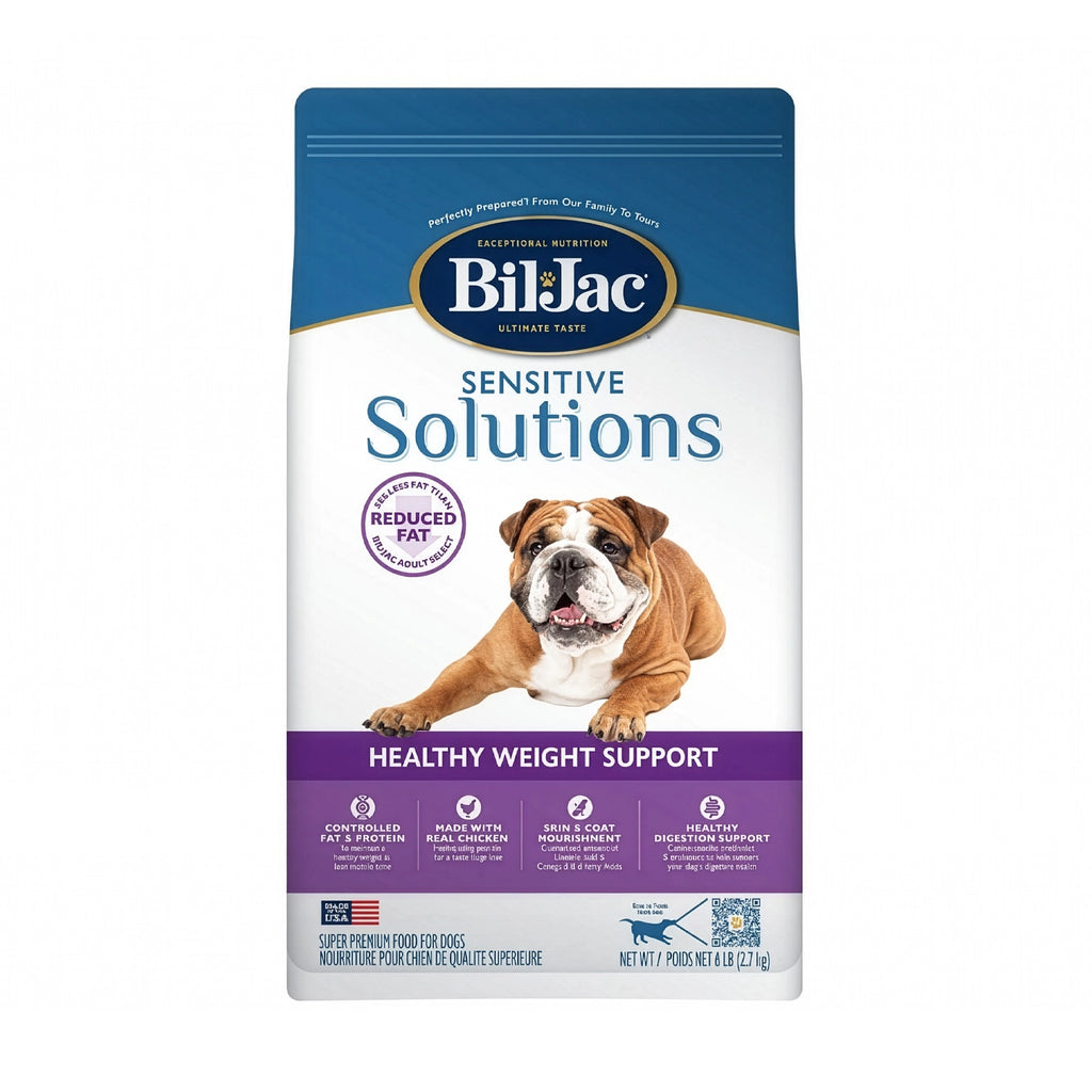 Bolsa Bil-Jac "Reduced Fat" para Perros con bulldog en portada y fórmula Sensitive Solutions para control de peso.