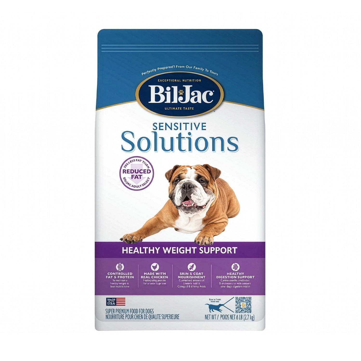 Bolsa Bil-Jac "Reduced Fat" para Perros con bulldog en portada y fórmula Sensitive Solutions para control de peso.